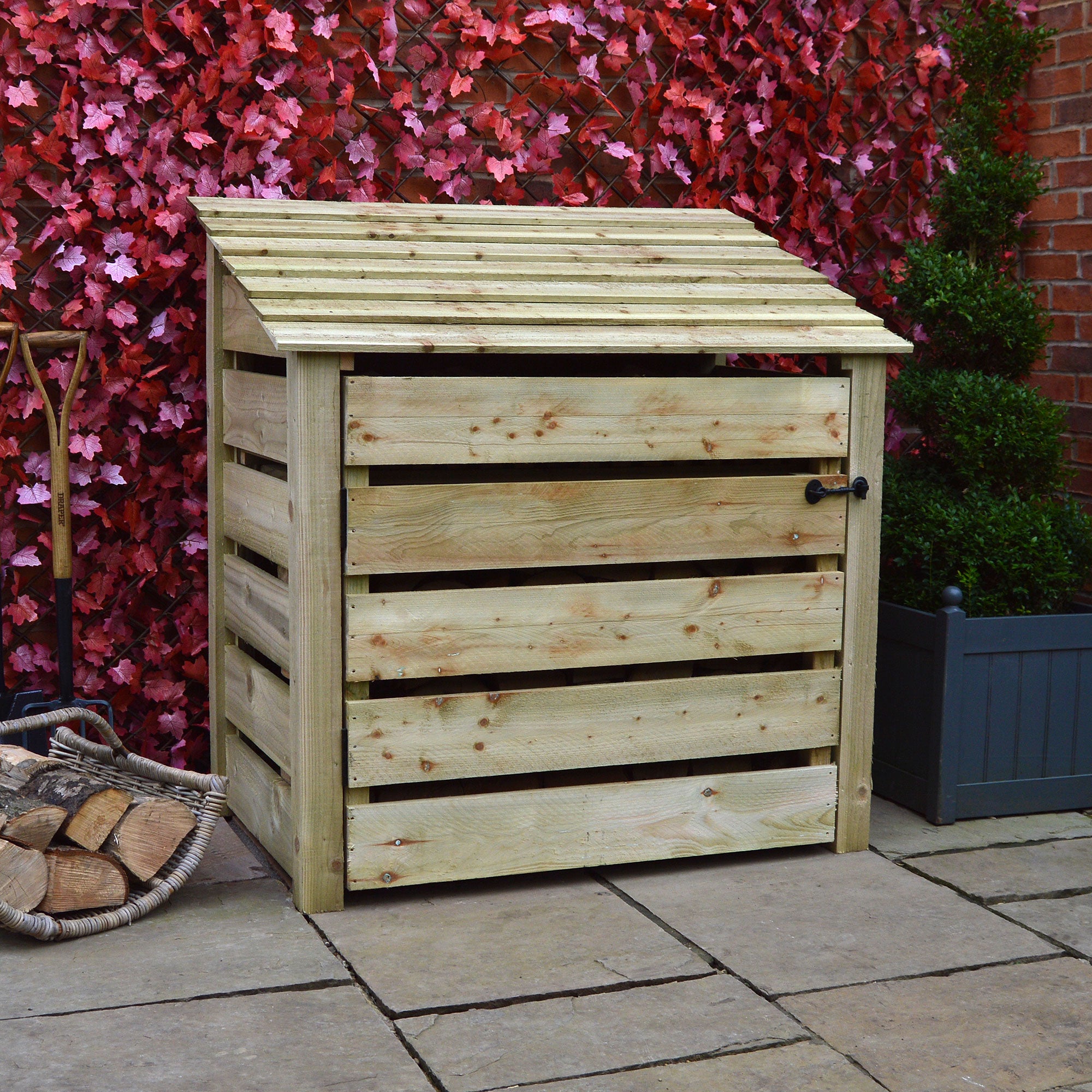 Greetham Log Store - Light Green - Slatted Panels - 4ft Wide x 4ft Tall