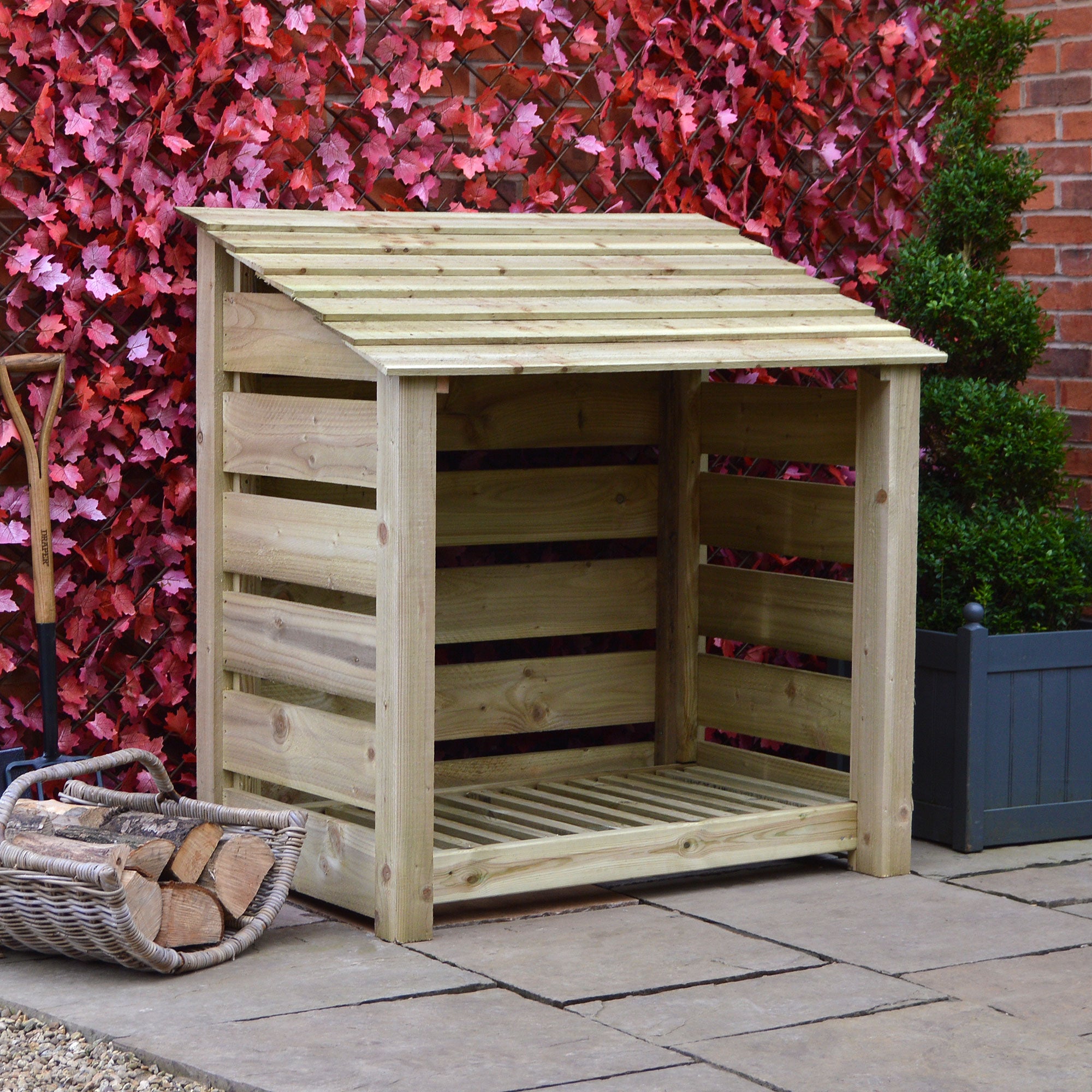 Greetham Log Store - Light Green - Slatted Panels - 4ft Wide x 4ft Tall - Clearance Grade