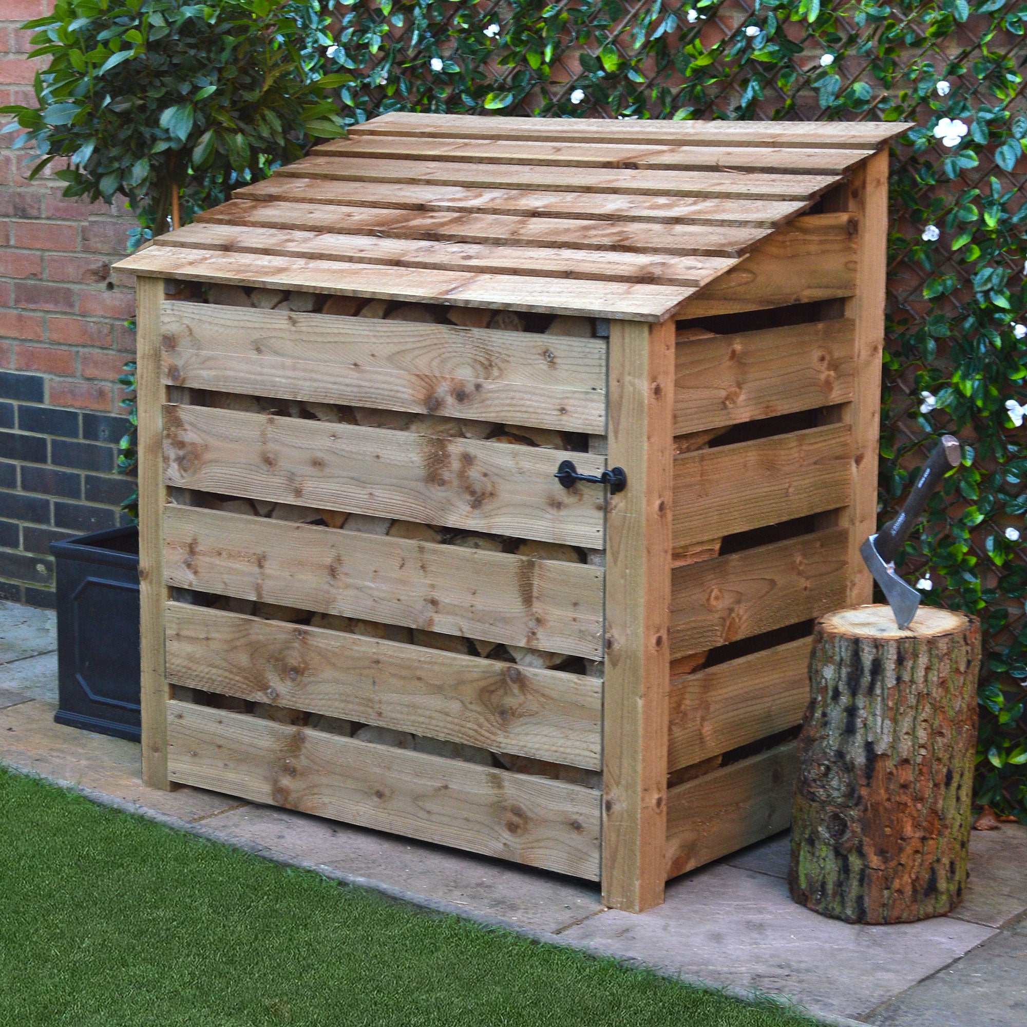 Greetham Log Store - Rustic Brown - Slatted Panels - 4ft Wide x 4ft Tall