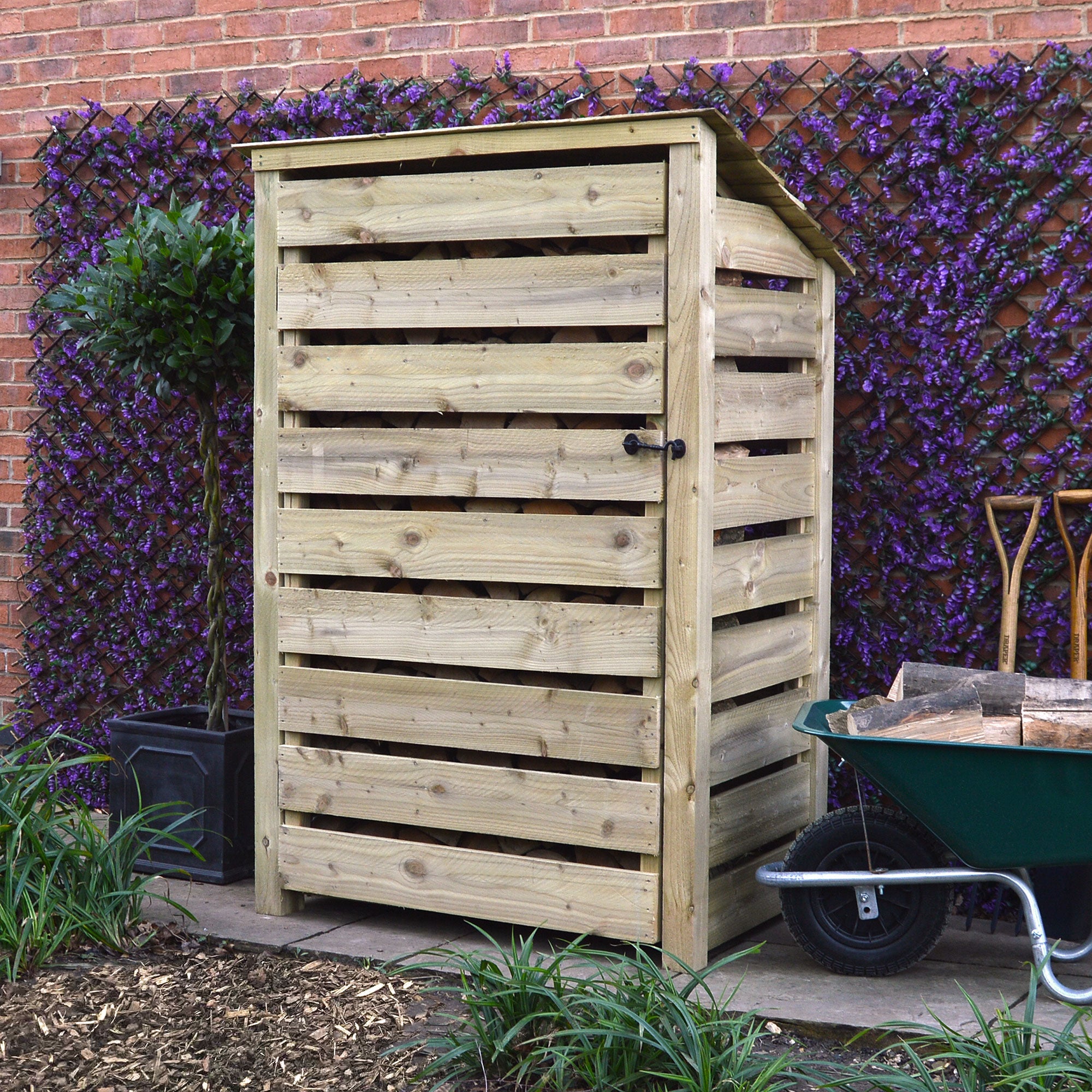 Greetham Log Store - Light Green - Slatted Panels - 4ft Wide x 6ft Tall