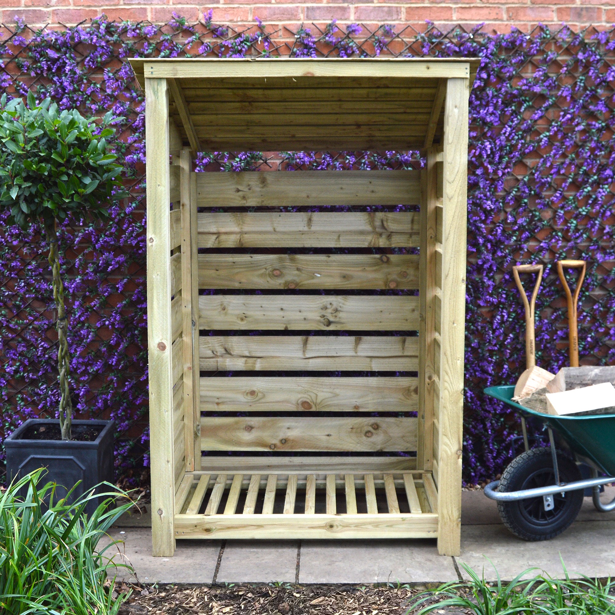 Greetham Log Store - Light Green - Slatted Panels - 4ft Wide x 6ft Tall