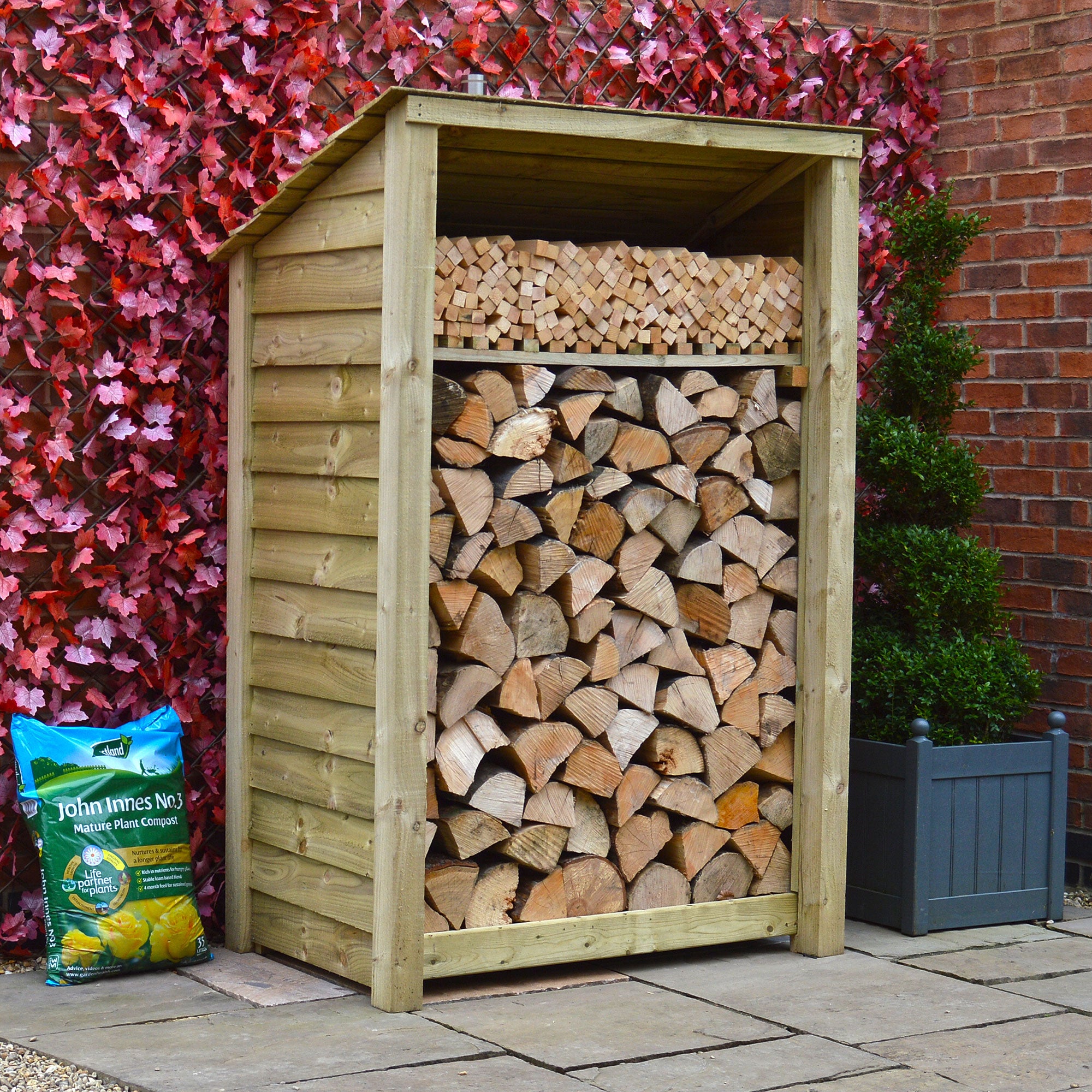 Greetham Log Store - Light Green - Solid Panels - 4ft Wide x 6ft Tall