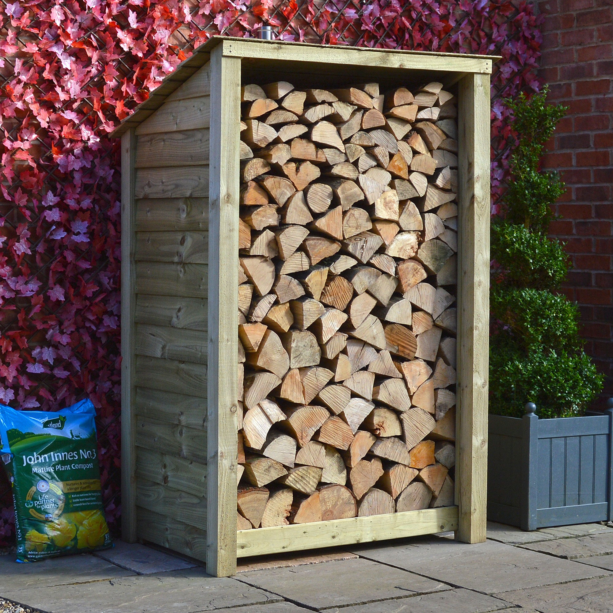 Greetham Log Store - Light Green - Solid Panels - 4ft Wide x 6ft Tall