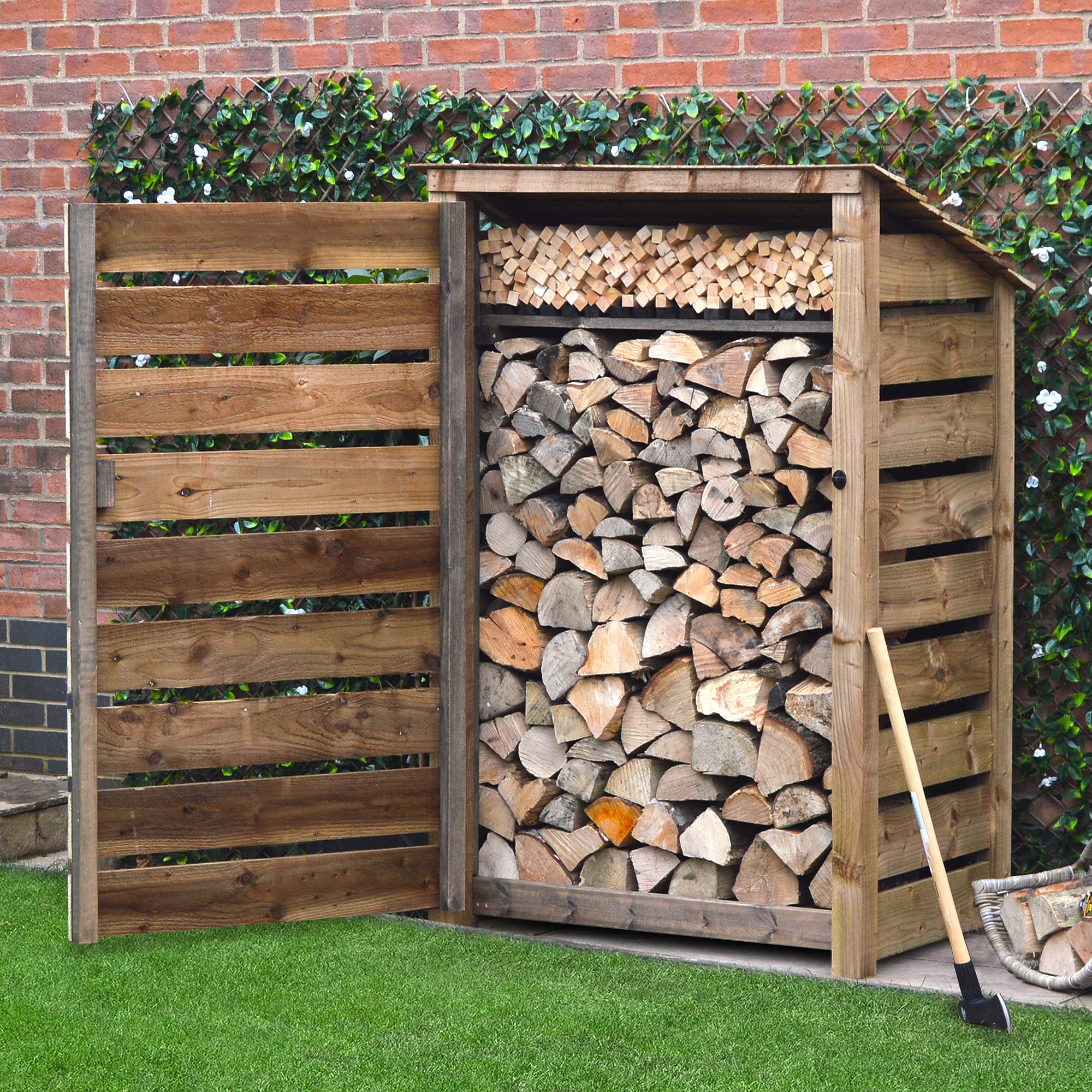 Greetham Log Store - Rustic Brown - Slatted Panels - 4ft Wide x 6ft Tall - Clearance Grade