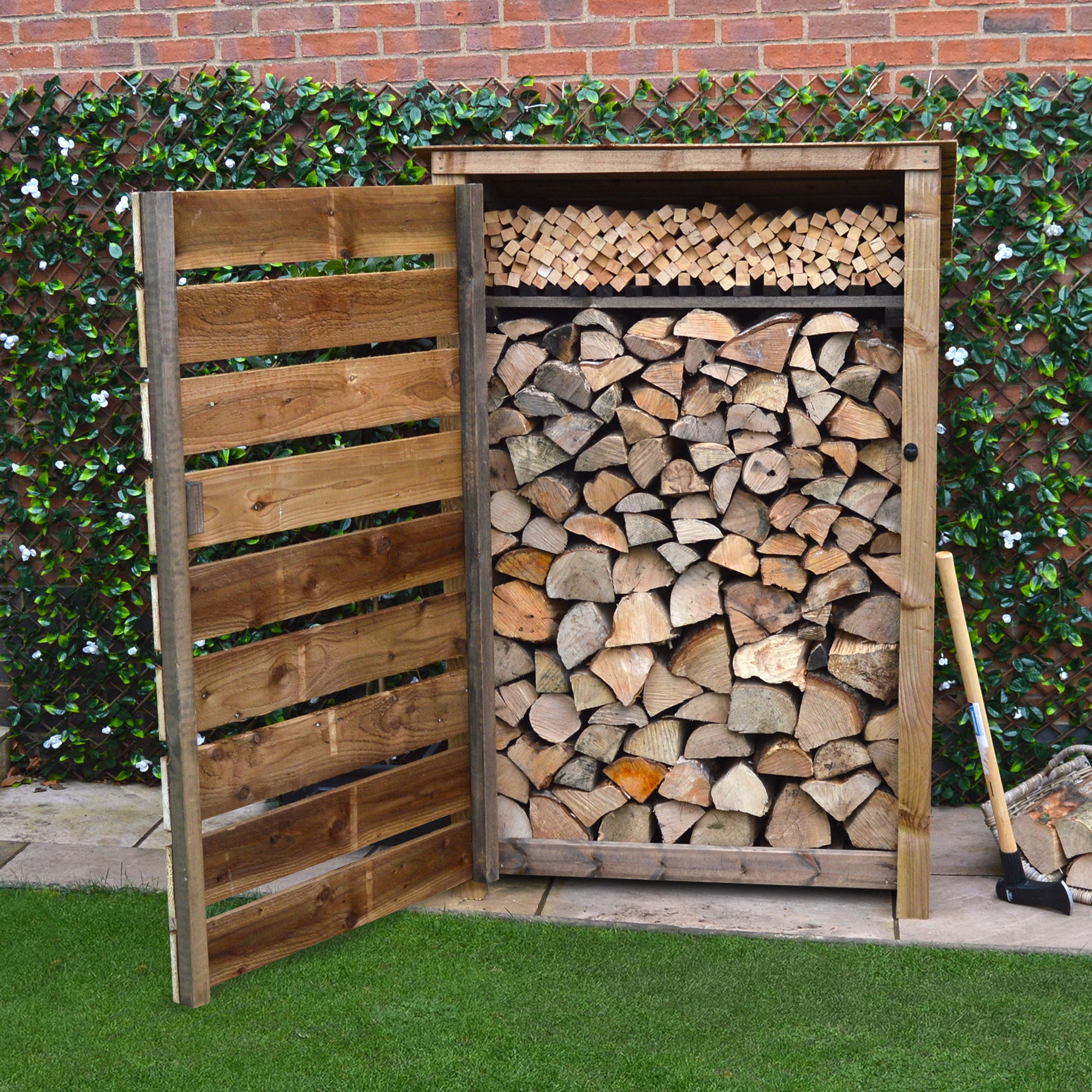 Greetham Log Store - Rustic Brown - Slatted Panels - 4ft Wide x 6ft Tall - Clearance Grade
