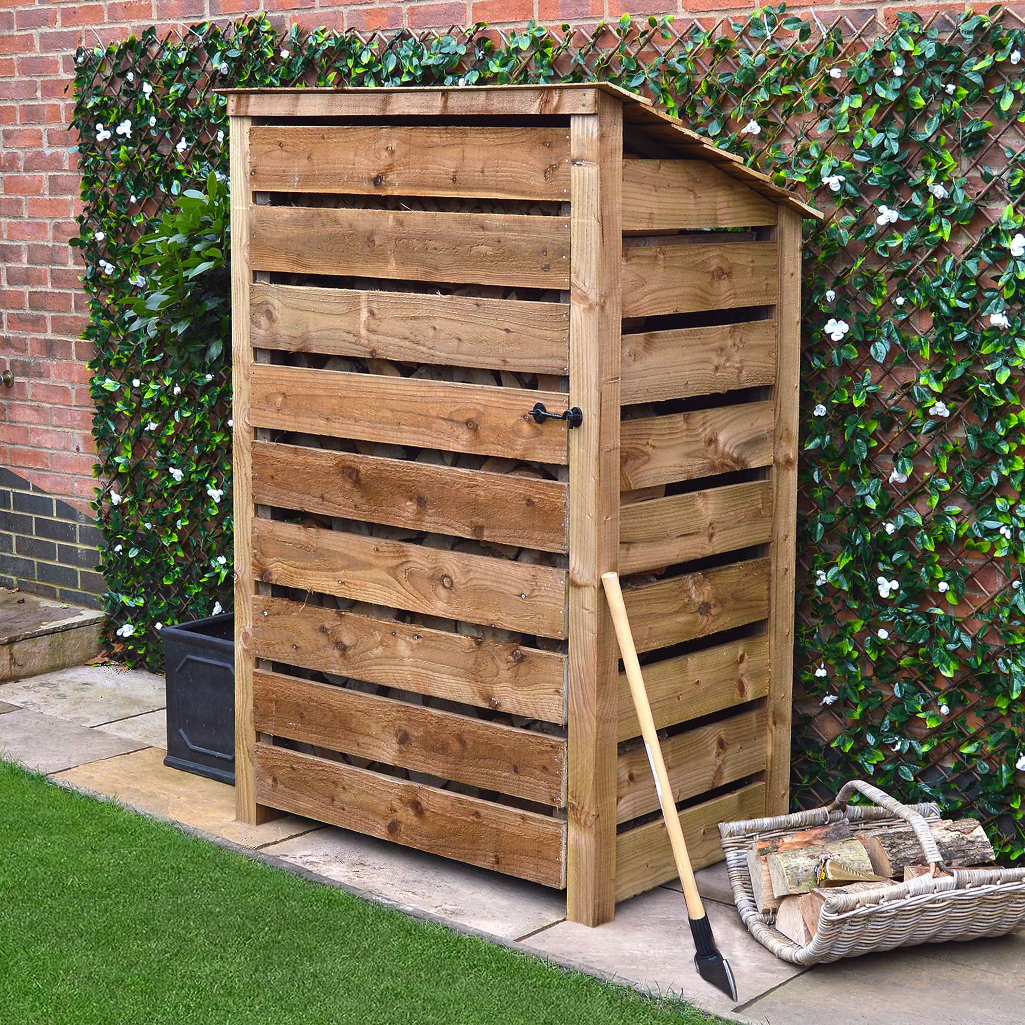 Greetham Log Store - Rustic Brown - Slatted Panels - 4ft Wide x 6ft Tall - Clearance Grade