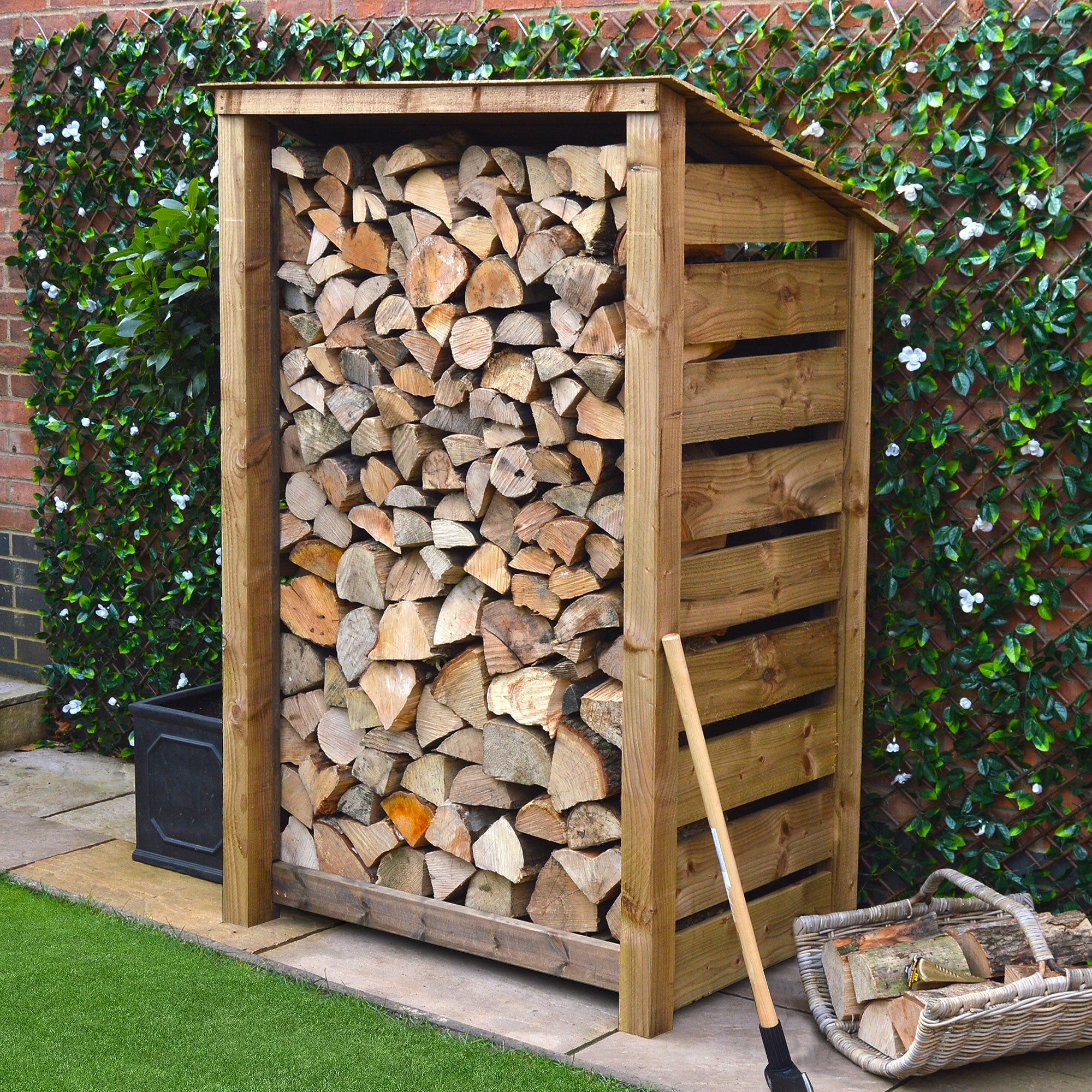 Greetham Log Store - Rustic Brown - Slatted Panels - 4ft Wide x 6ft Tall - Clearance Grade