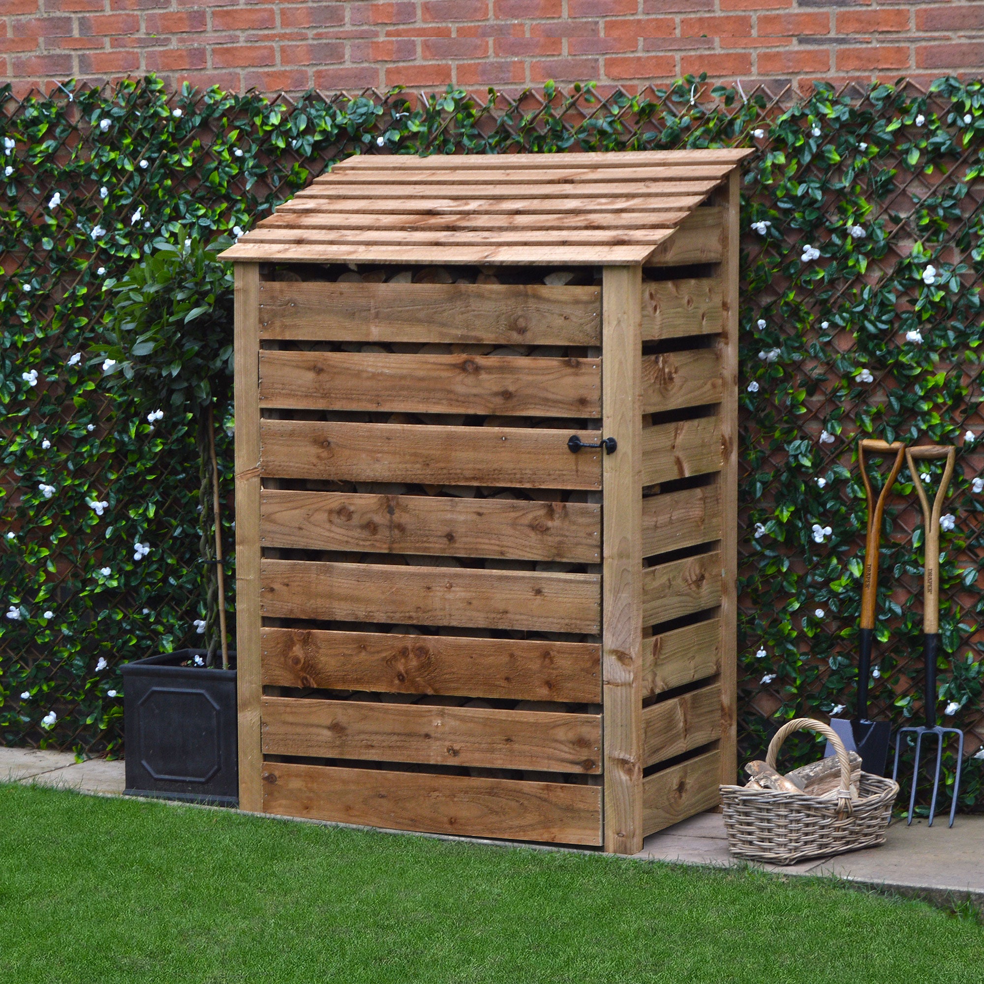Greetham Log Store - Rustic Brown - Slatted Panels - 4ft Wide x 6ft Tall - Clearance Grade