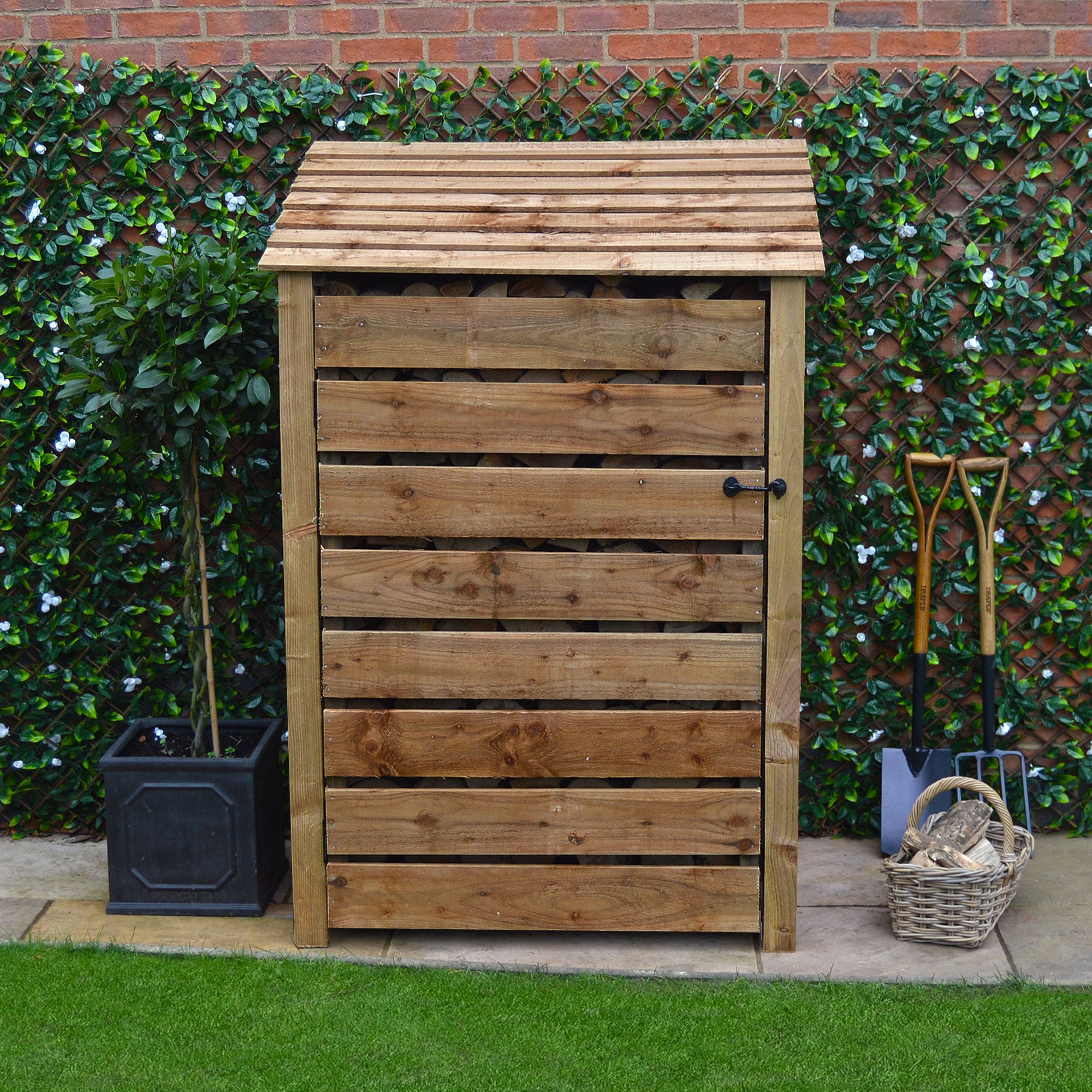 Greetham Log Store - Rustic Brown - Slatted Panels - 4ft Wide x 6ft Tall - Clearance Grade