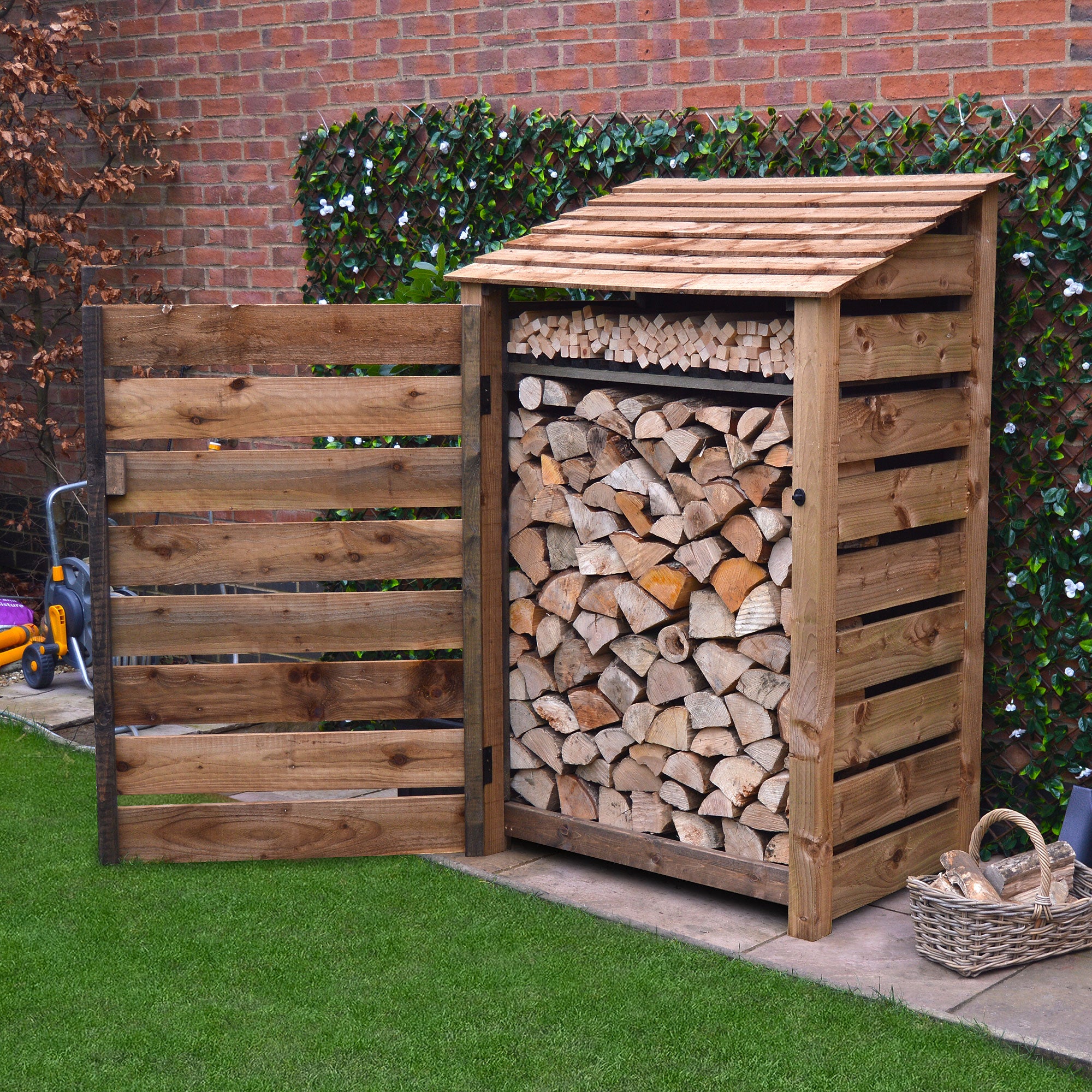 Greetham Log Store - Rustic Brown - Slatted Panels - 4ft Wide x 6ft Tall - Clearance Grade