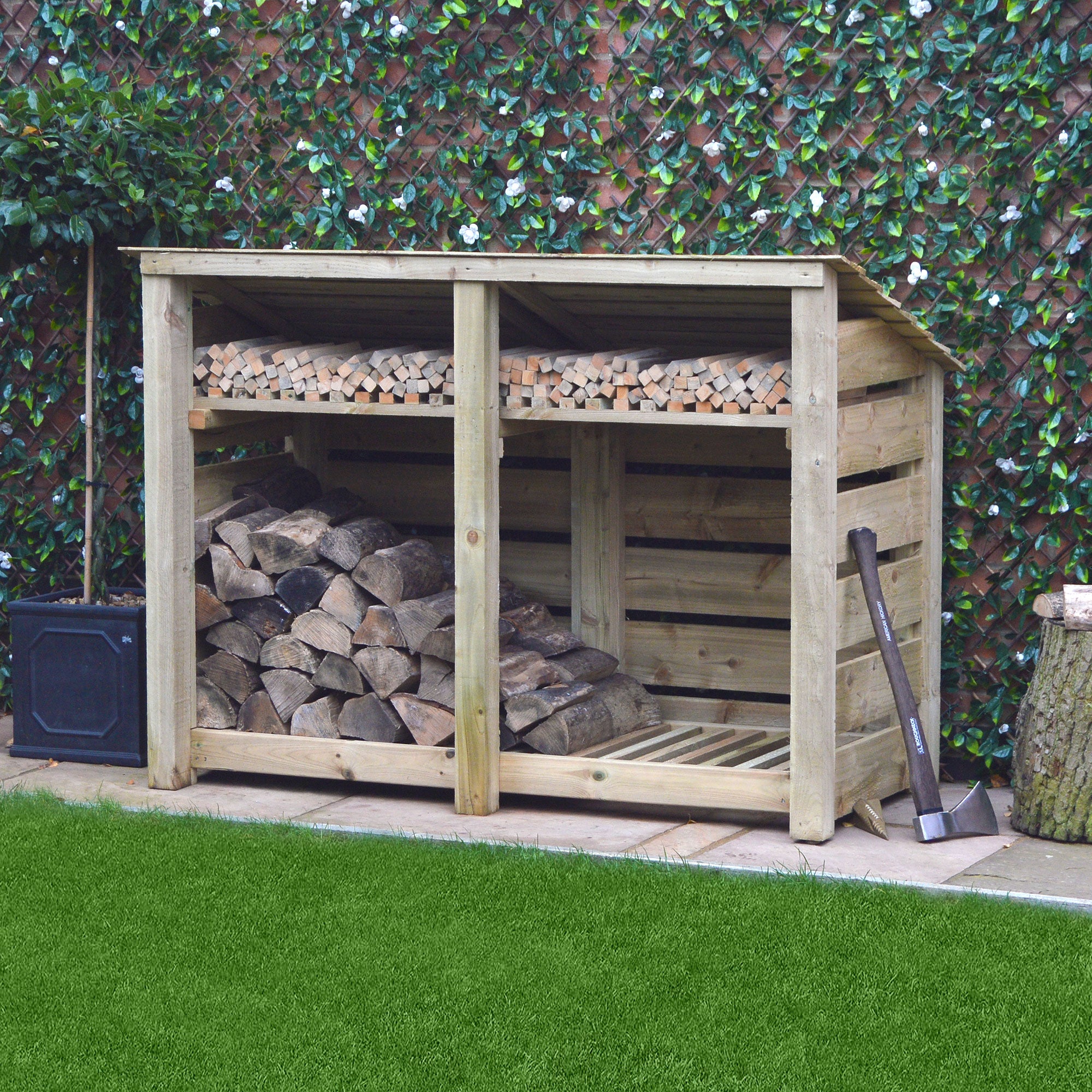 Hambleton Log Store - Light Green - Slatted Panels - 6ft Wide x 4ft Tall