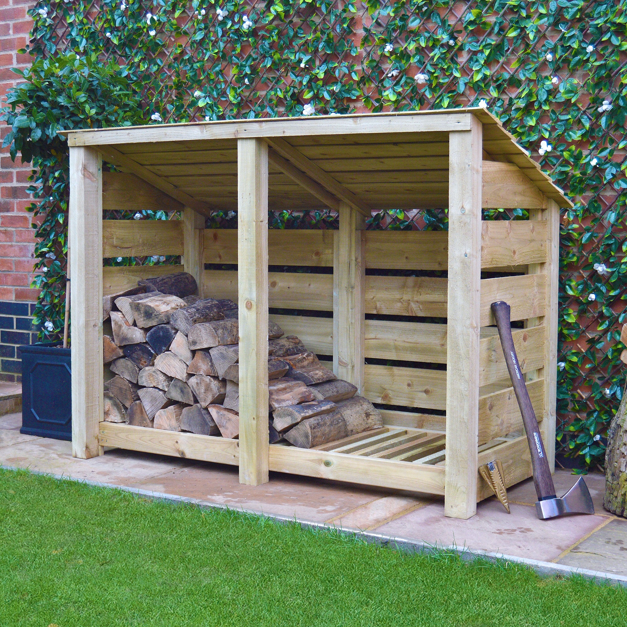 Hambleton Log Store - Light Green - Slatted Panels - 6ft Wide x 4ft Tall