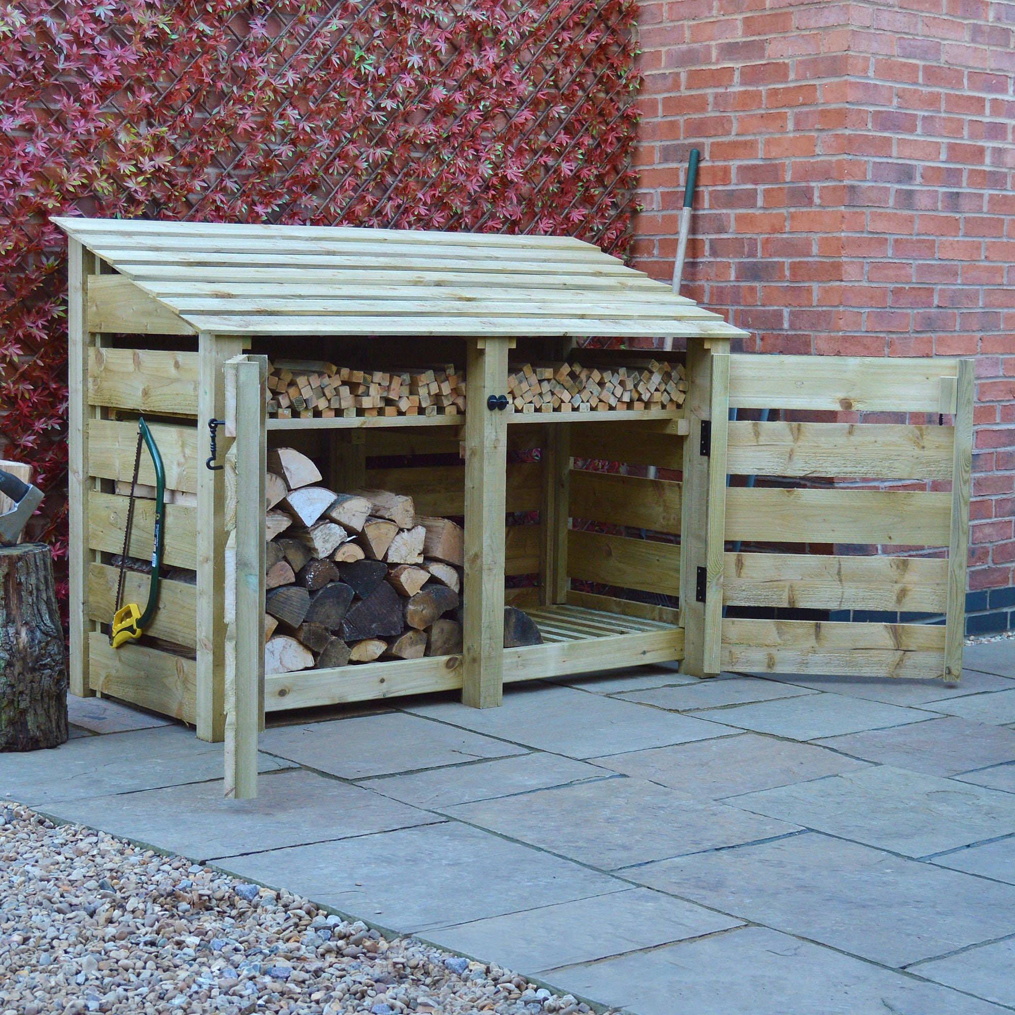 Hambleton Log Store - Light Green - Slatted Panels - 6ft Wide x 4ft Tall