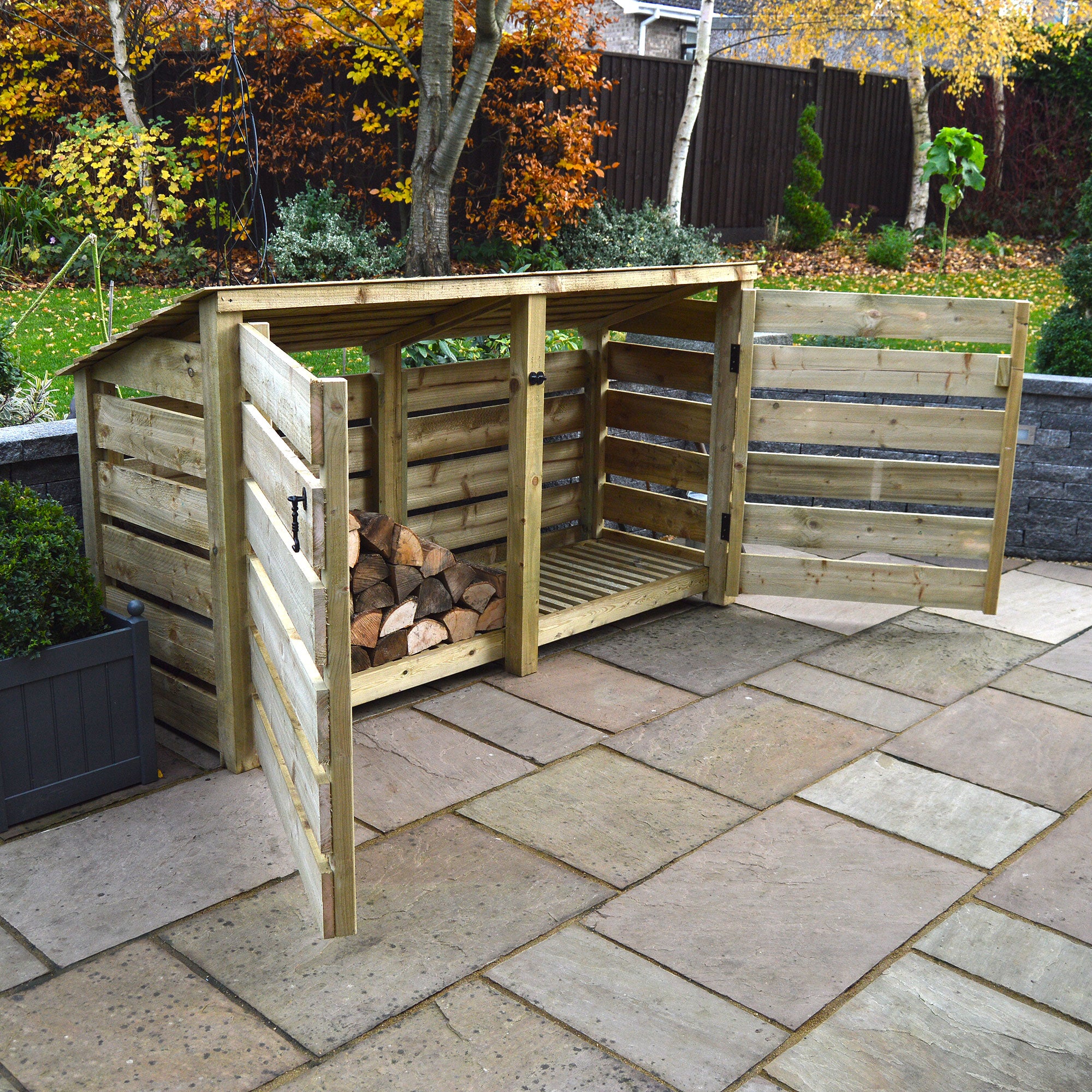 Normanton Log Store - Light Green - Slatted Panels - 7ft Wide x 4ft Tall