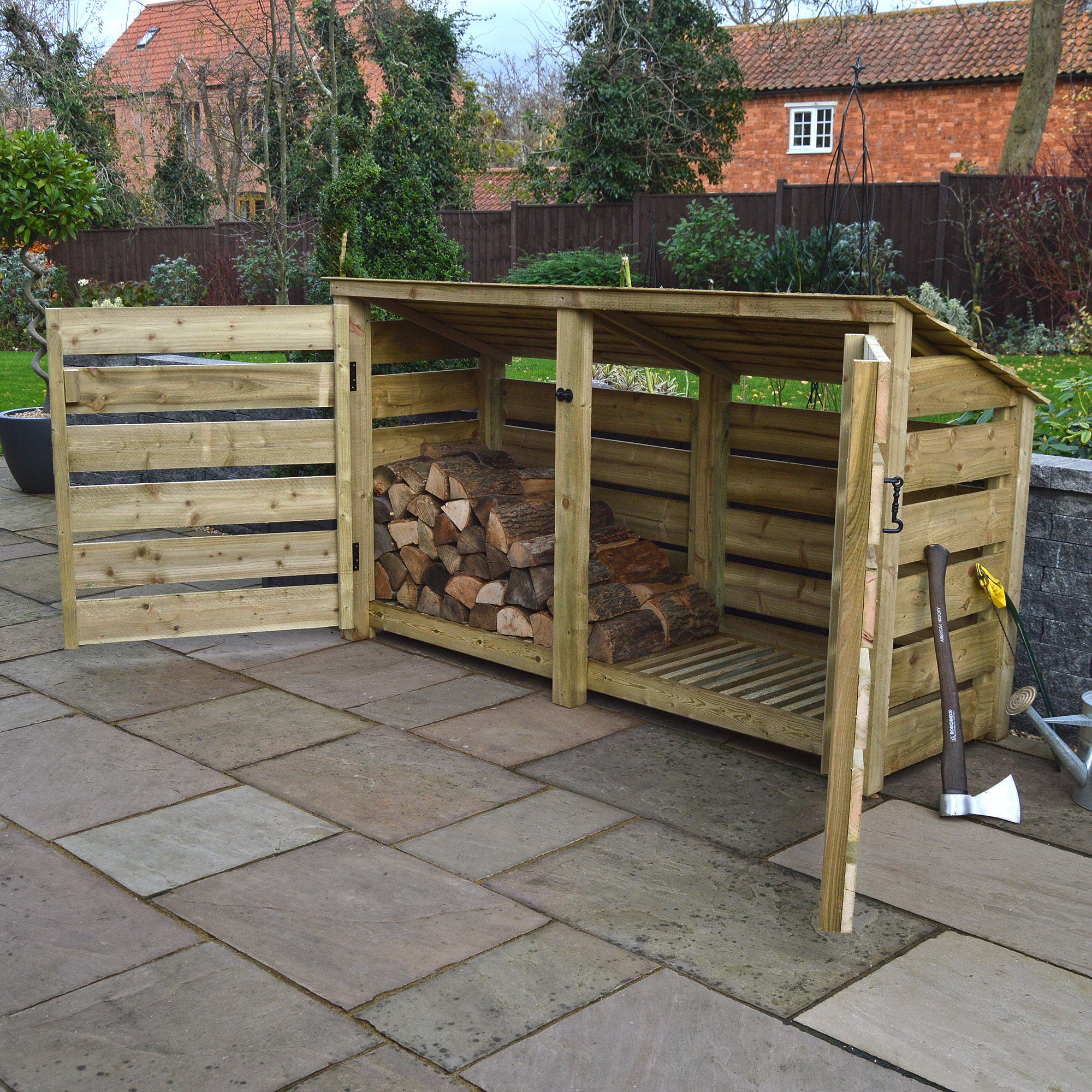 Normanton Log Store - Light Green - Slatted Panels - 7ft Wide x 4ft Tall