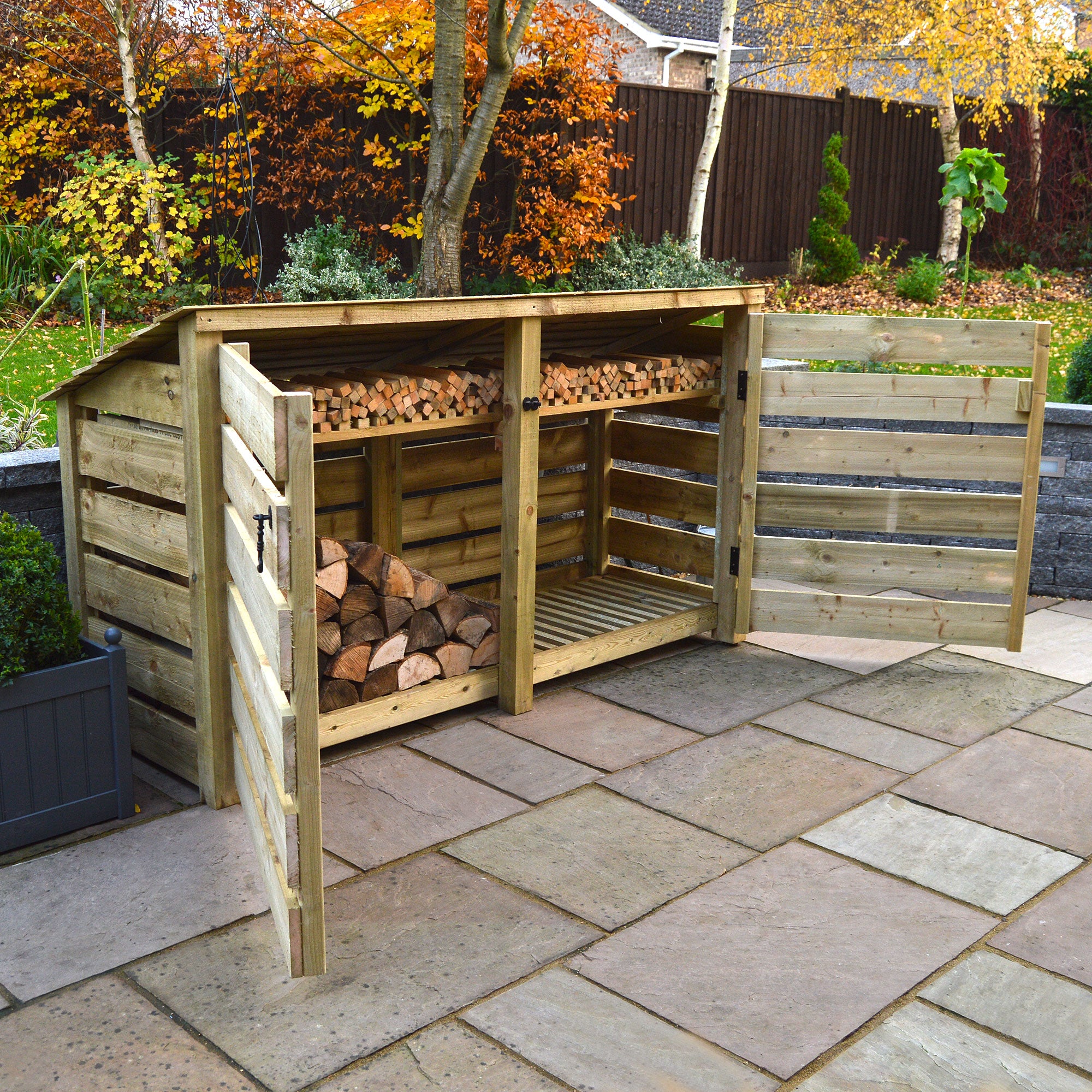 Normanton Log Store - Light Green - Slatted Panels - 7ft Wide x 4ft Tall