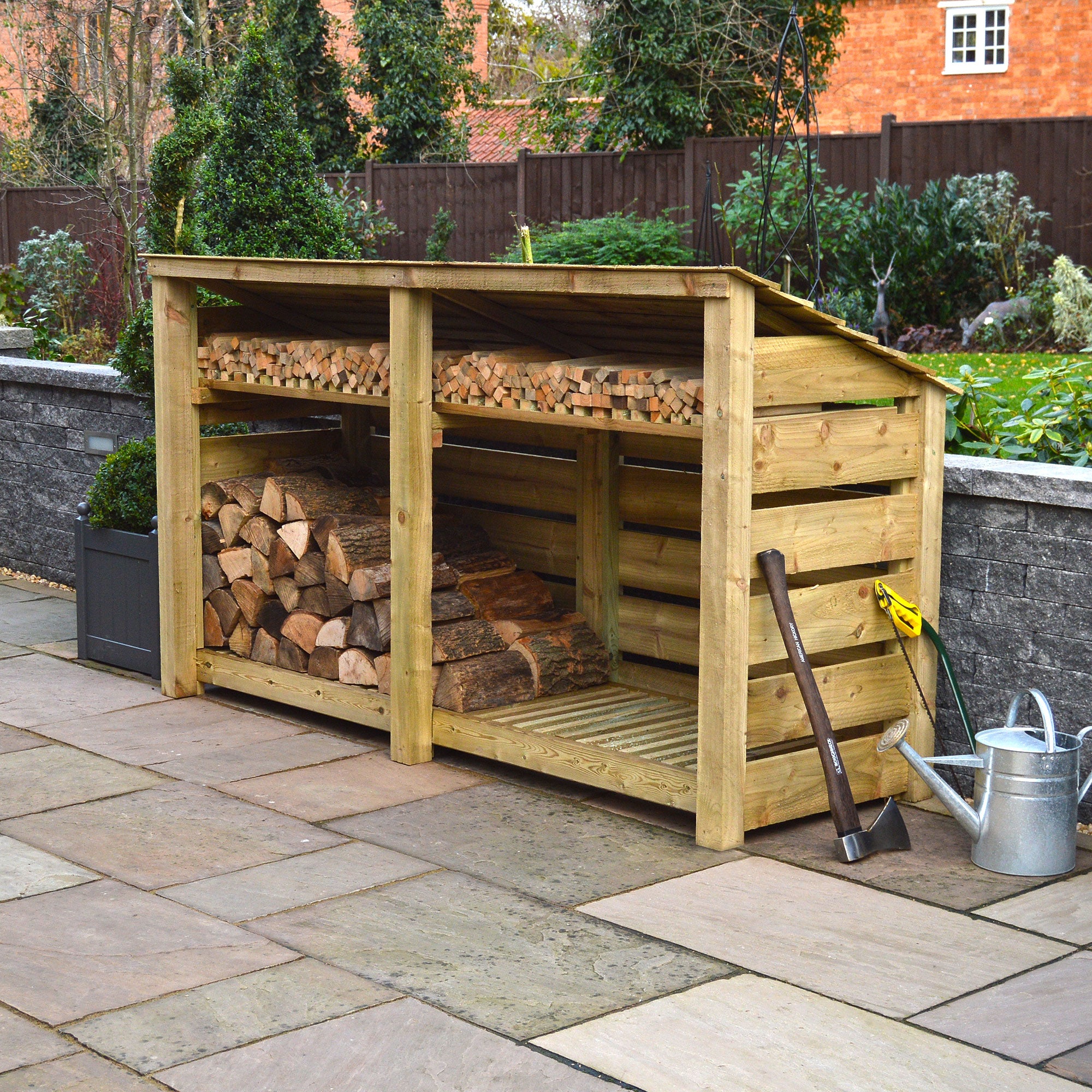 Normanton Log Store - Light Green - Slatted Panels - 7ft Wide x 4ft Tall
