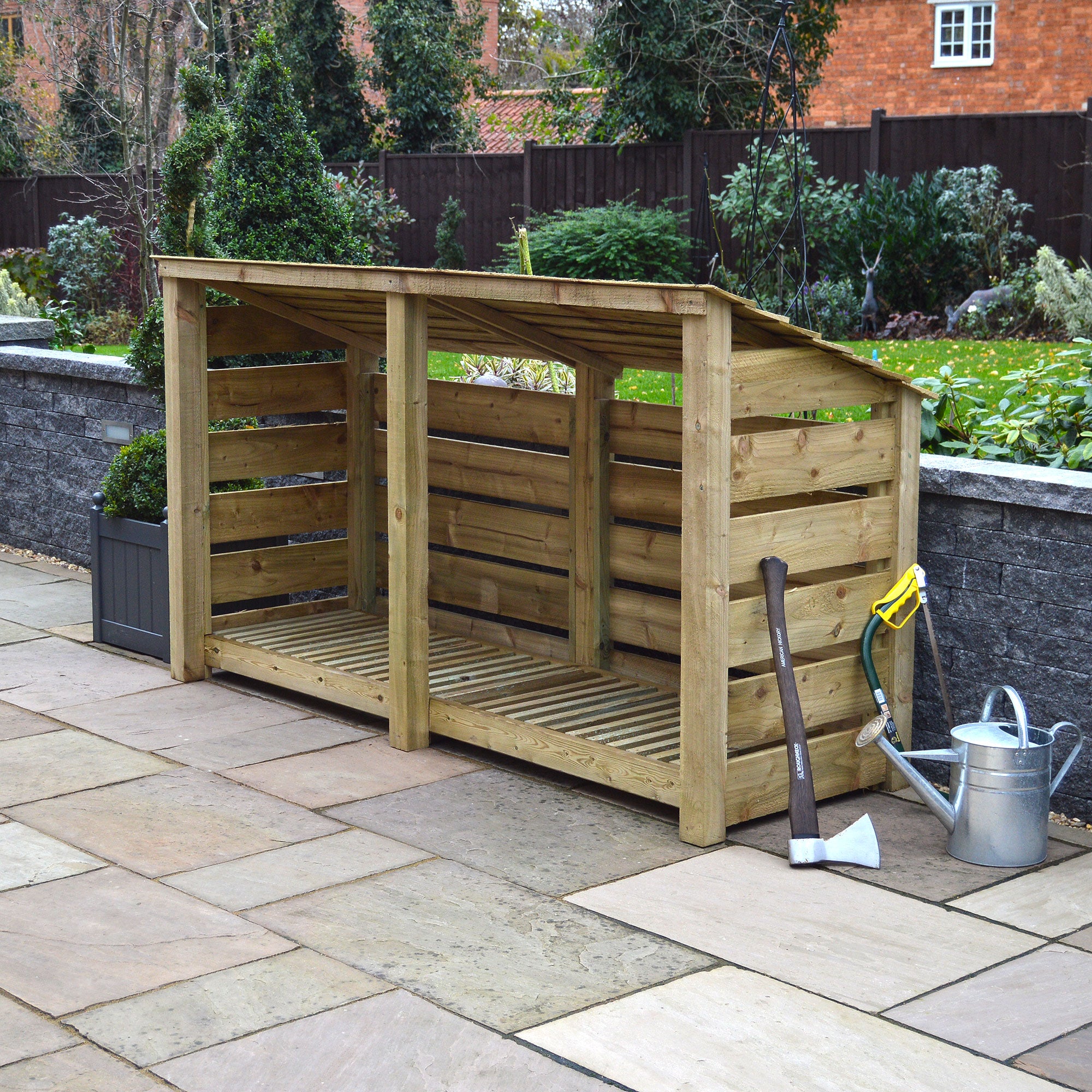 Normanton Log Store - Light Green - Slatted Panels - 7ft Wide x 4ft Tall