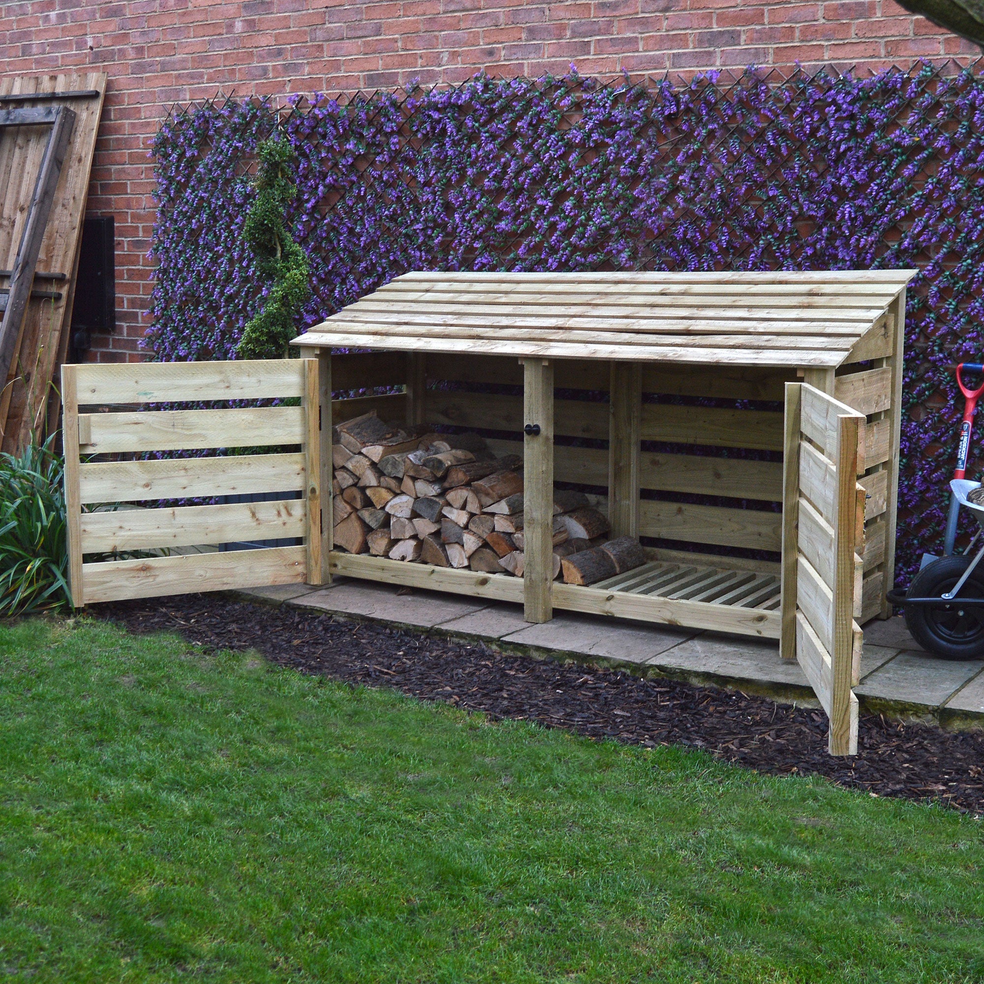 Normanton Log Store - Light Green - Slatted Panels - 7ft Wide x 4ft Tall