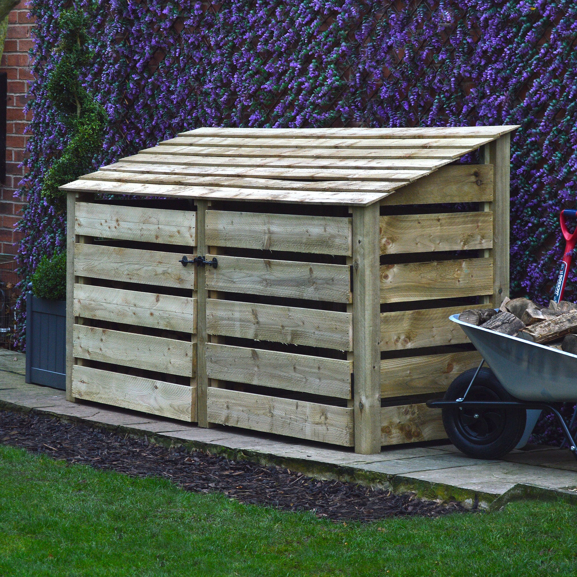 Normanton Log Store - Light Green - Slatted Panels - 7ft Wide x 4ft Tall