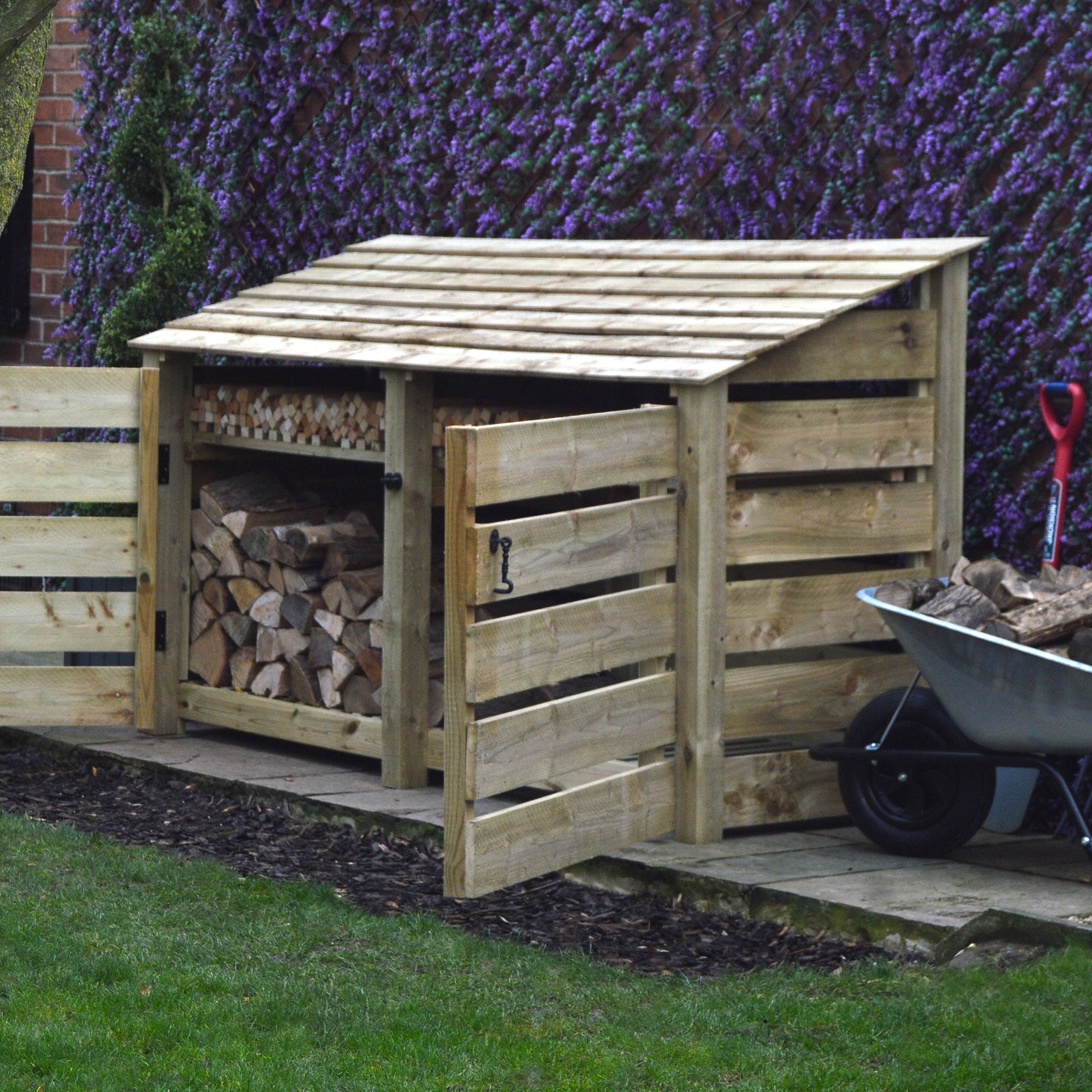 Normanton Log Store - Light Green - Slatted Panels - 7ft Wide x 4ft Tall