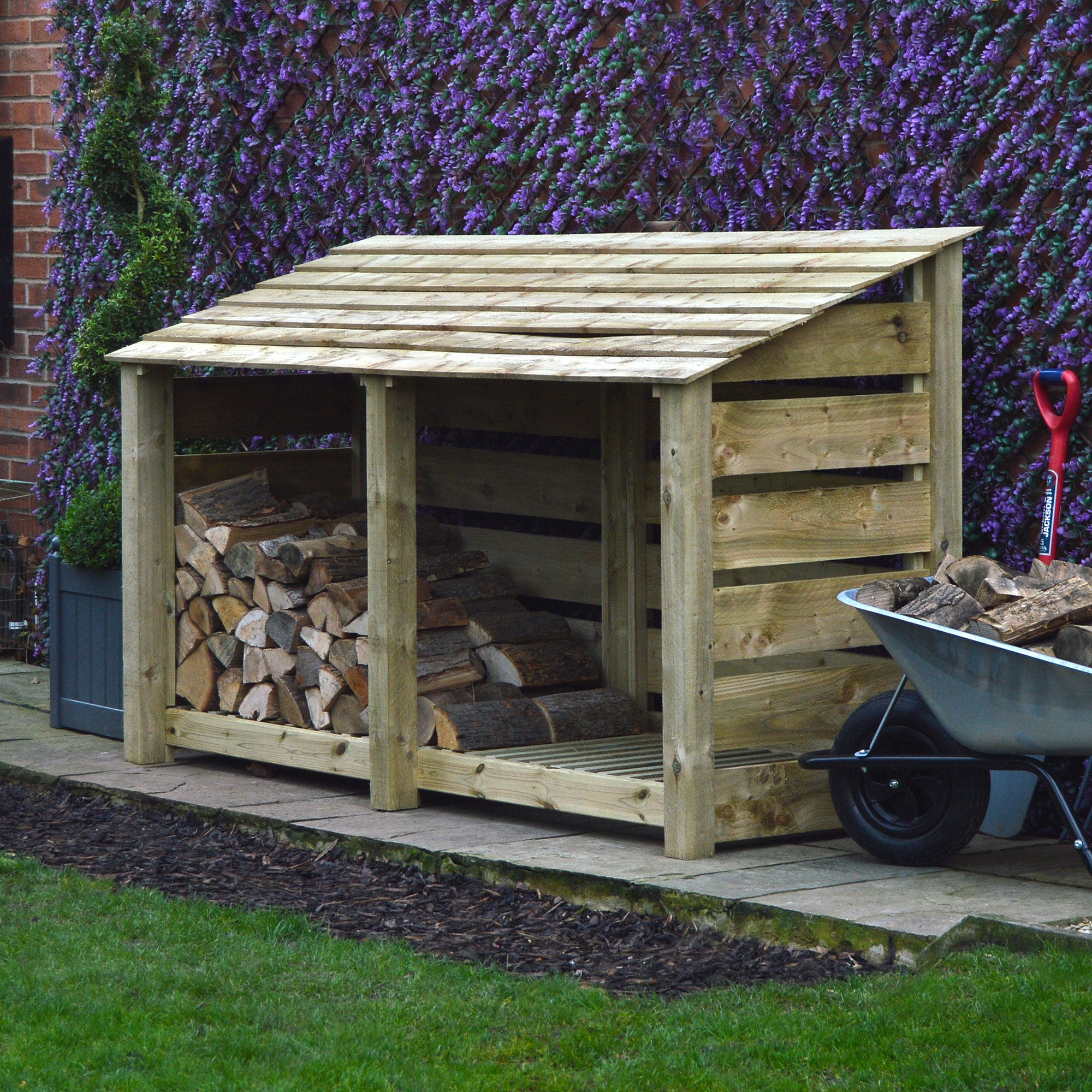 Normanton Log Store - Light Green - Slatted Panels - 7ft Wide x 4ft Tall