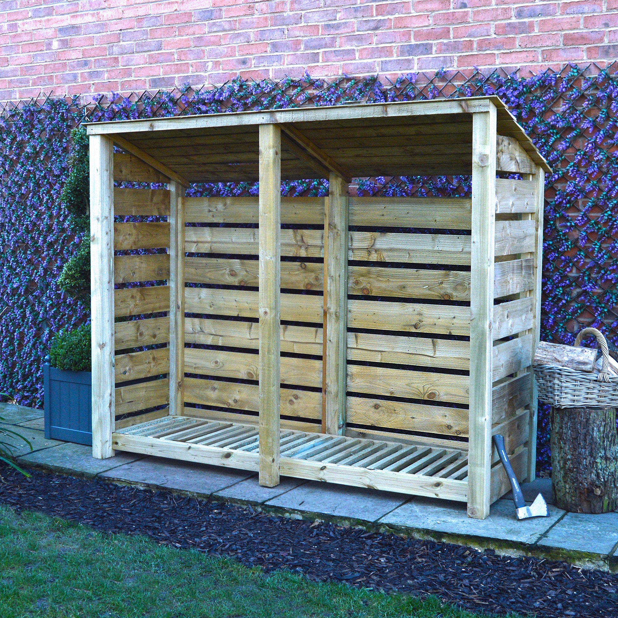 Normanton Log Store - Light Green - Slatted Panels - 7ft Wide x 6ft Tall
