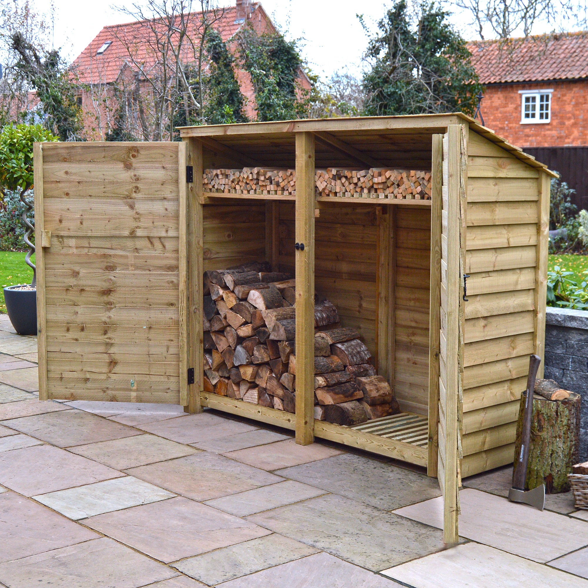 Normanton Log Store - Light Green - Solid Panels - 7ft Wide x 6ft Tall