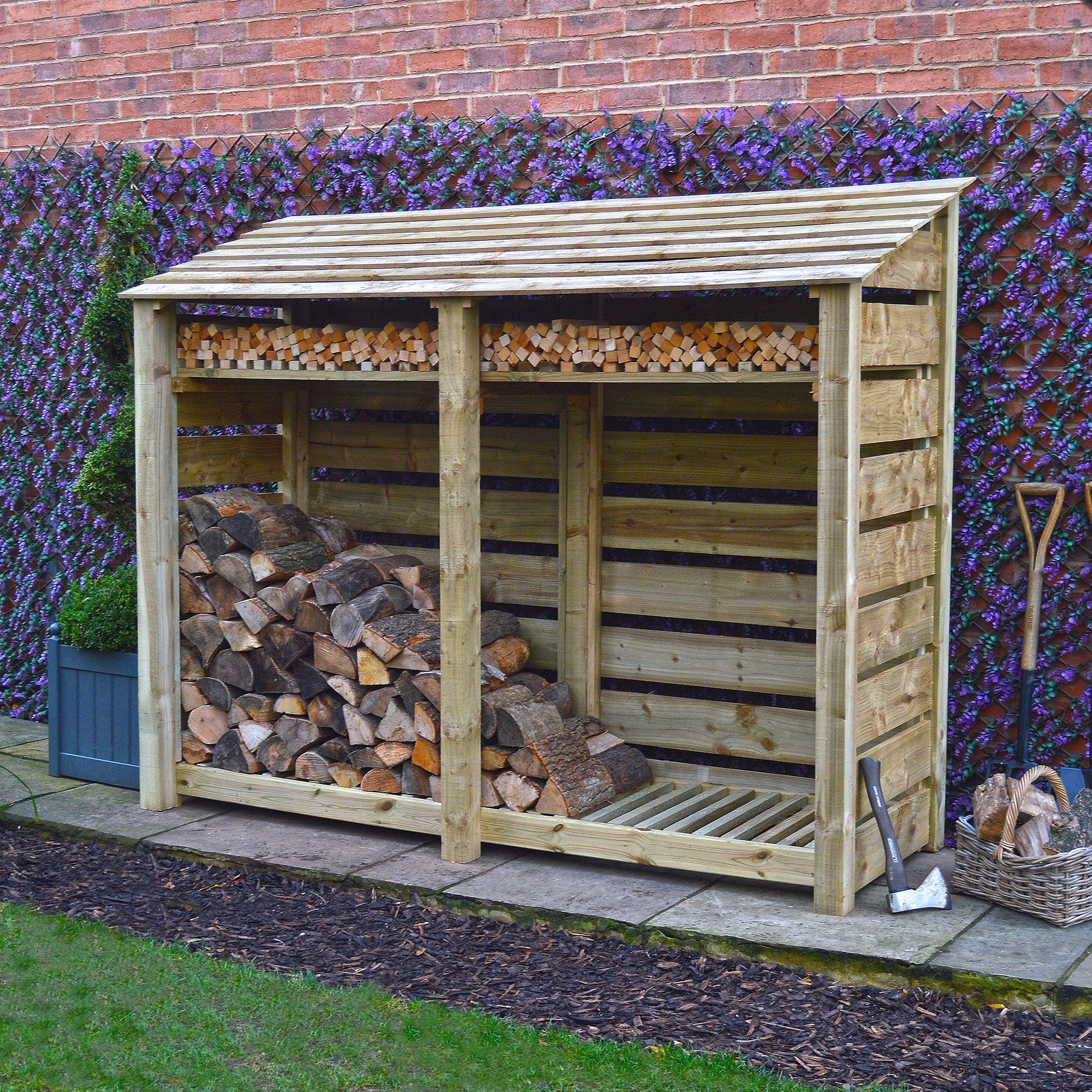 Normanton Log Store - Light Green - Slatted Panels - 7ft Wide x 6ft Tall