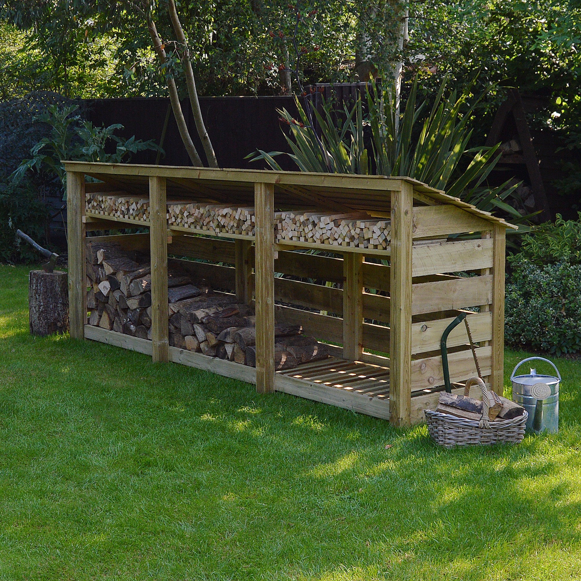 Ryhall Log Store - Light Green - Slatted Panels - 9ft Wide x 4ft Tall