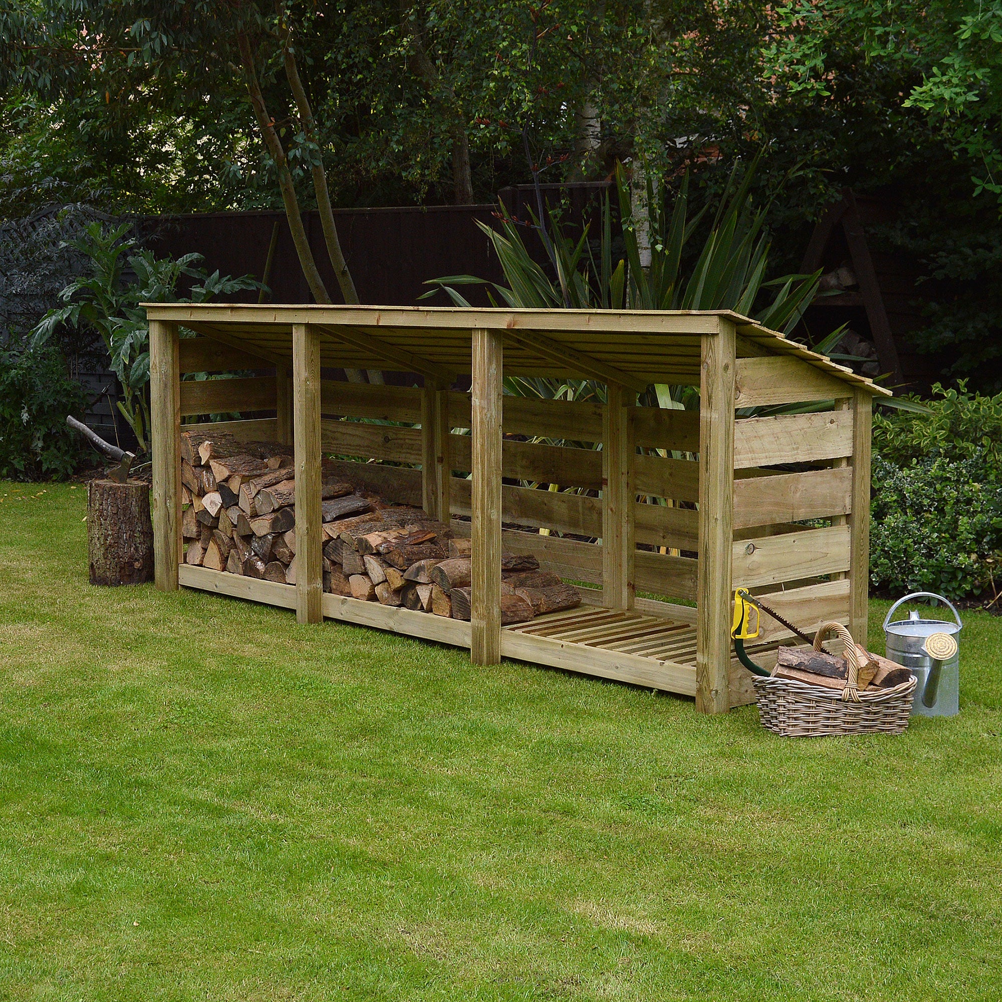 Ryhall Log Store - Light Green - Slatted Panels - 9ft Wide x 4ft Tall