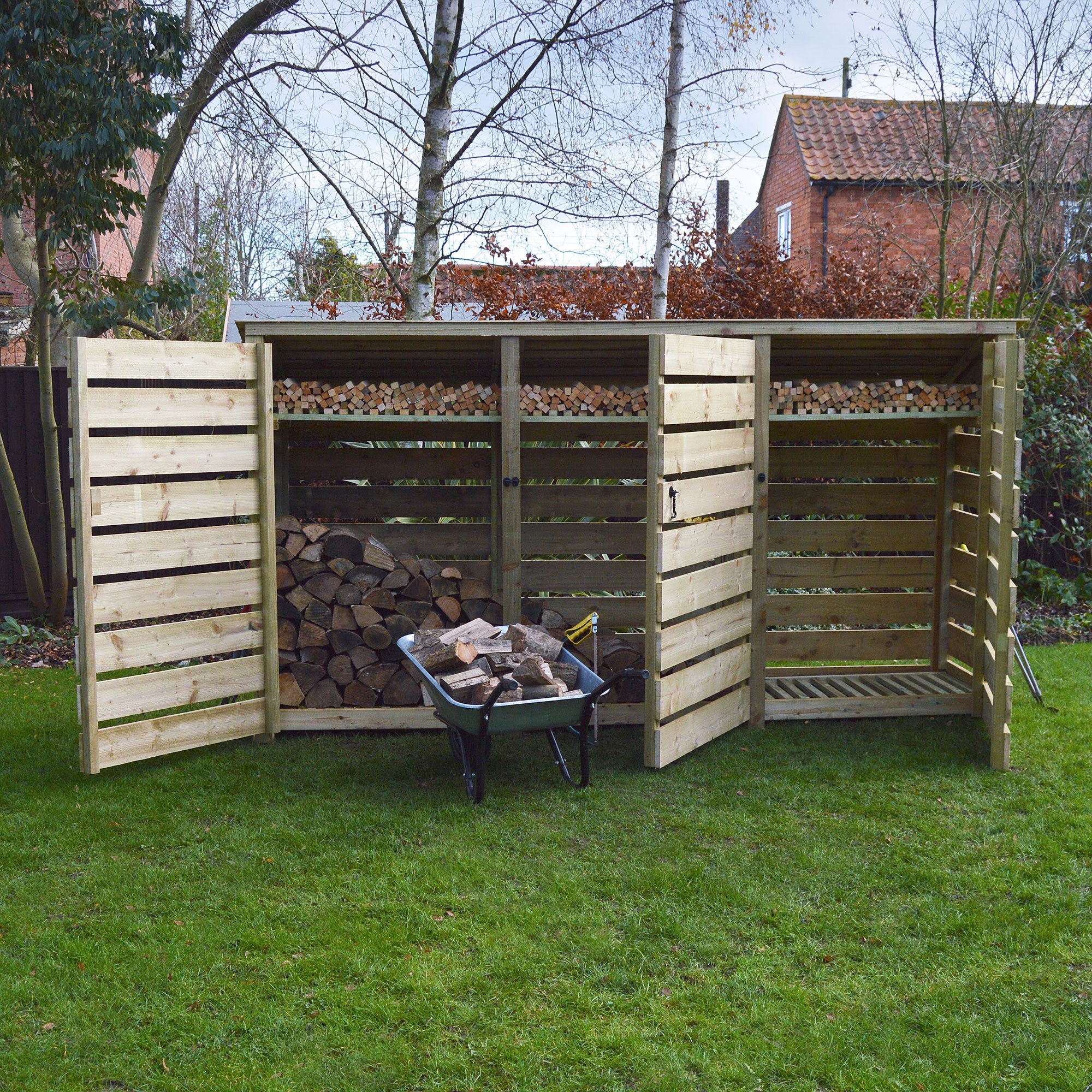 Ryhall Log Store - Light Green - Slatted Panels - 9ft Wide x 6ft Tall
