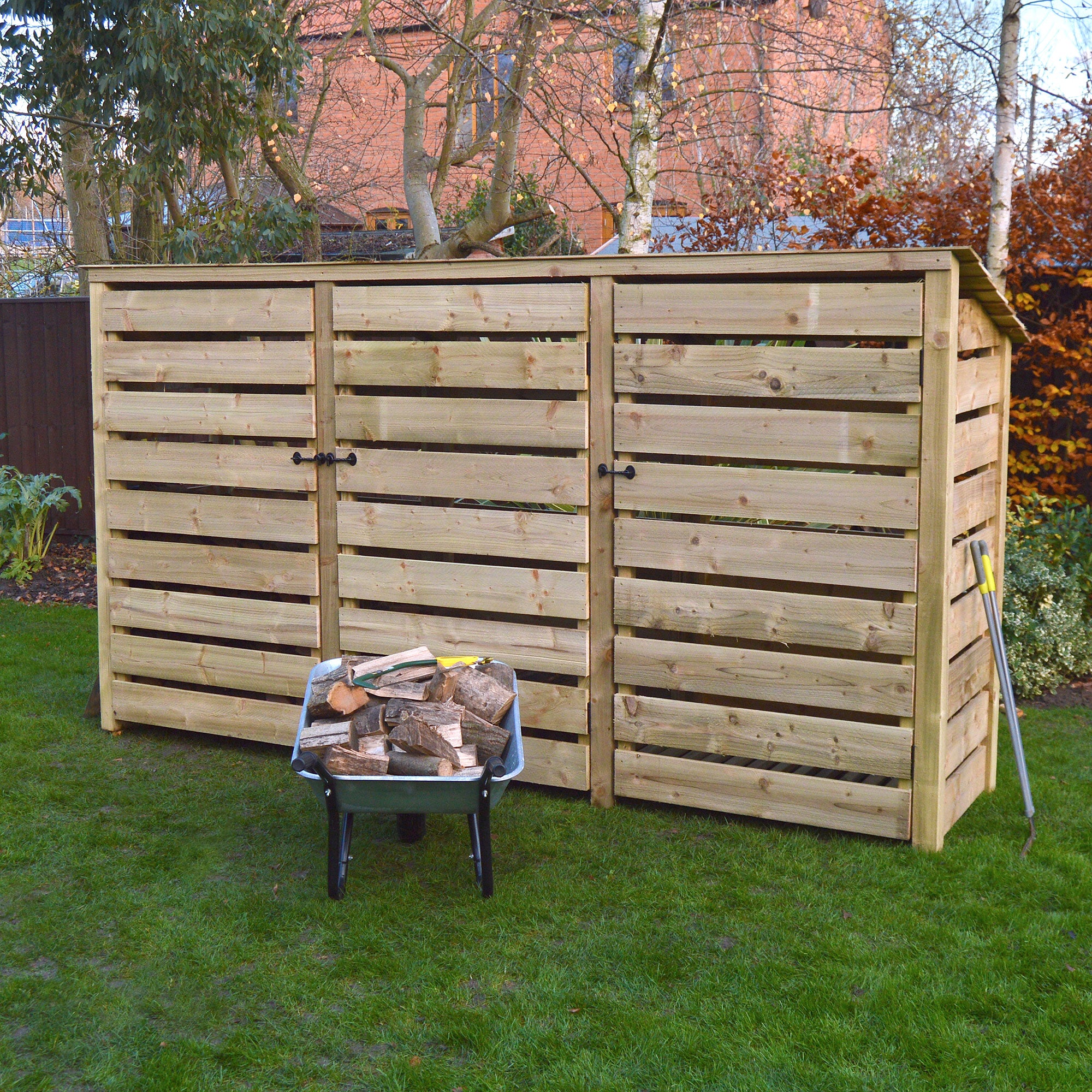 Ryhall Log Store - Light Green - Slatted Panels - 9ft Wide x 6ft Tall