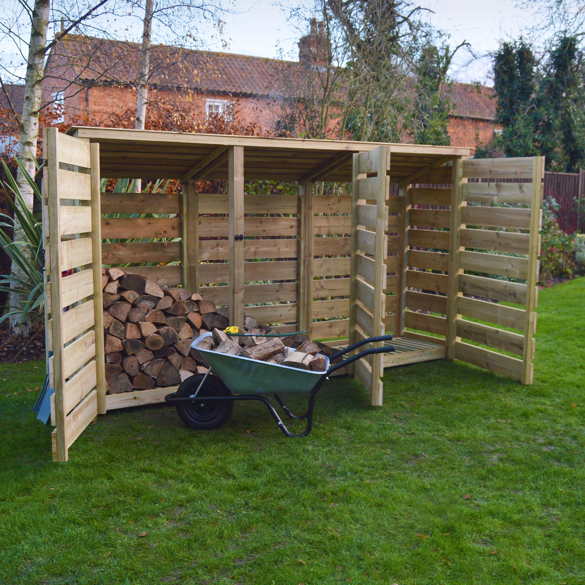 Ryhall Log Store - Light Green - Slatted Panels - 9ft Wide x 6ft Tall