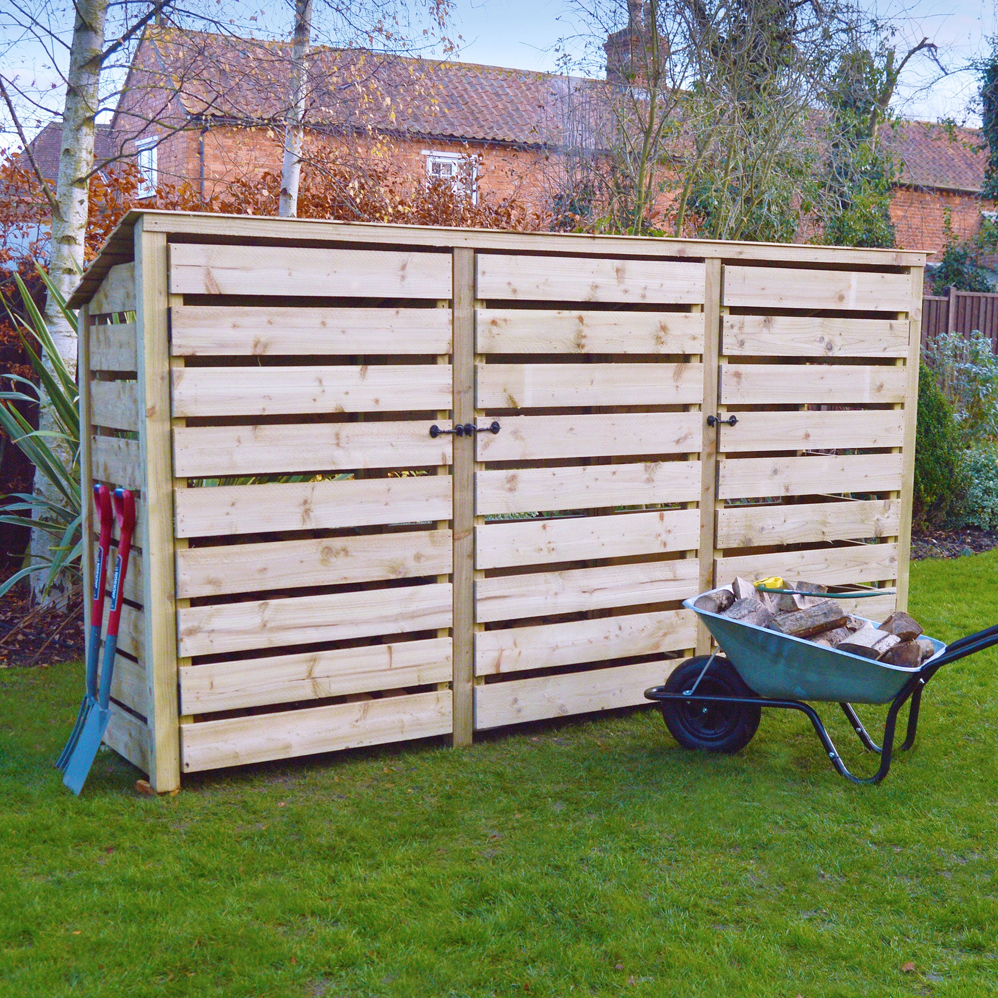 Ryhall Log Store - Light Green - Slatted Panels - 9ft Wide x 6ft Tall
