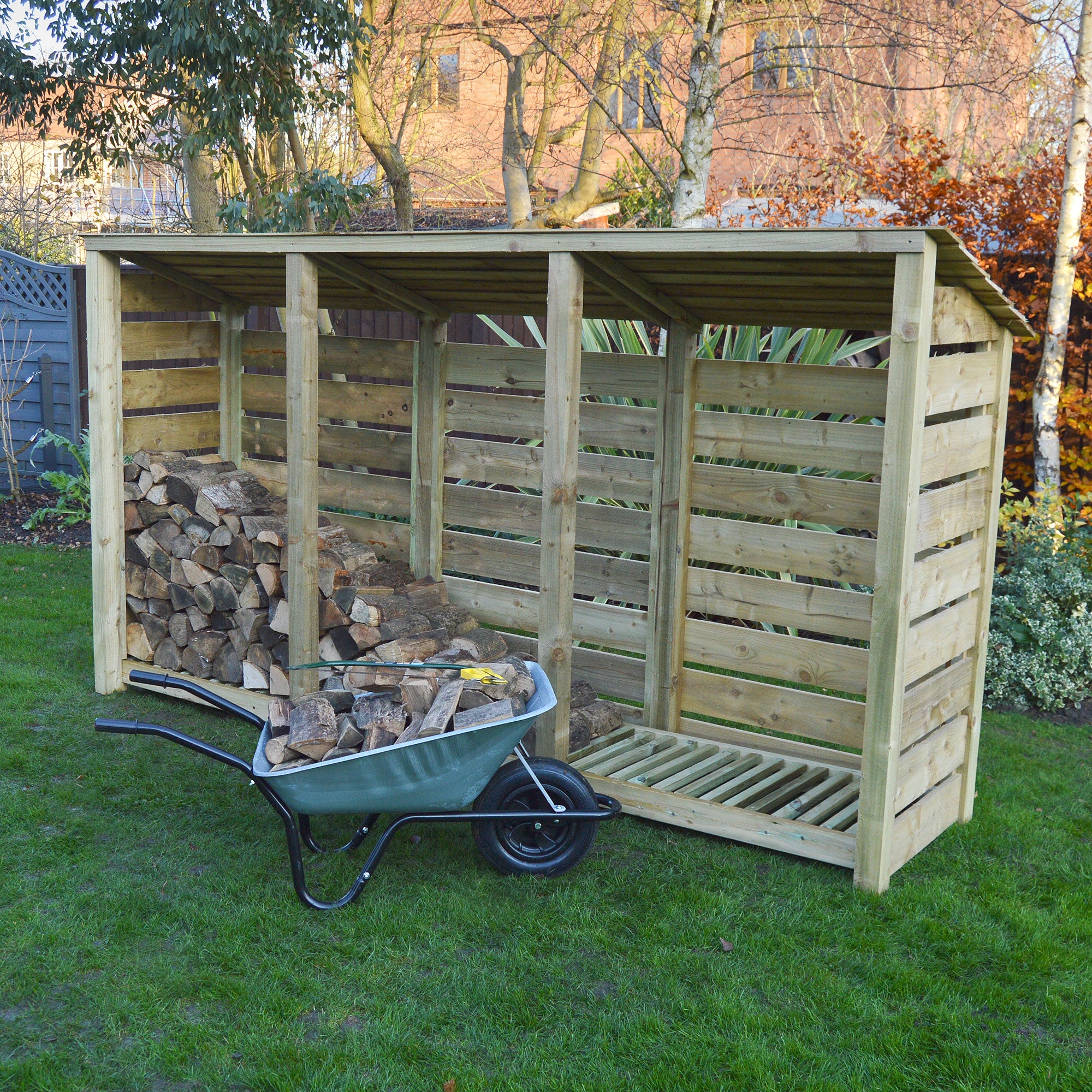 Ryhall Log Store - Light Green - Slatted Panels - 9ft Wide x 6ft Tall