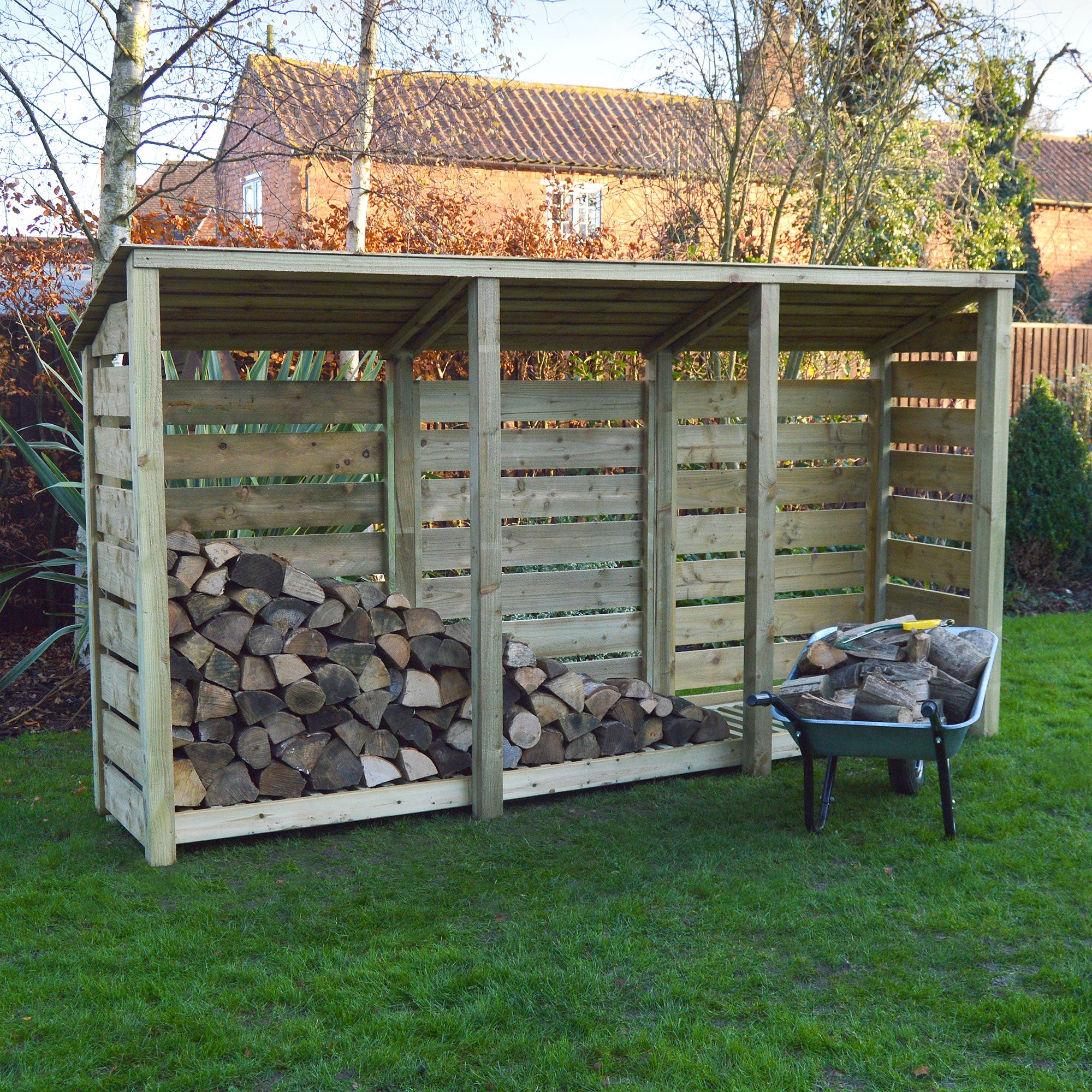 Ryhall Log Store - Light Green - Slatted Panels - 9ft Wide x 6ft Tall