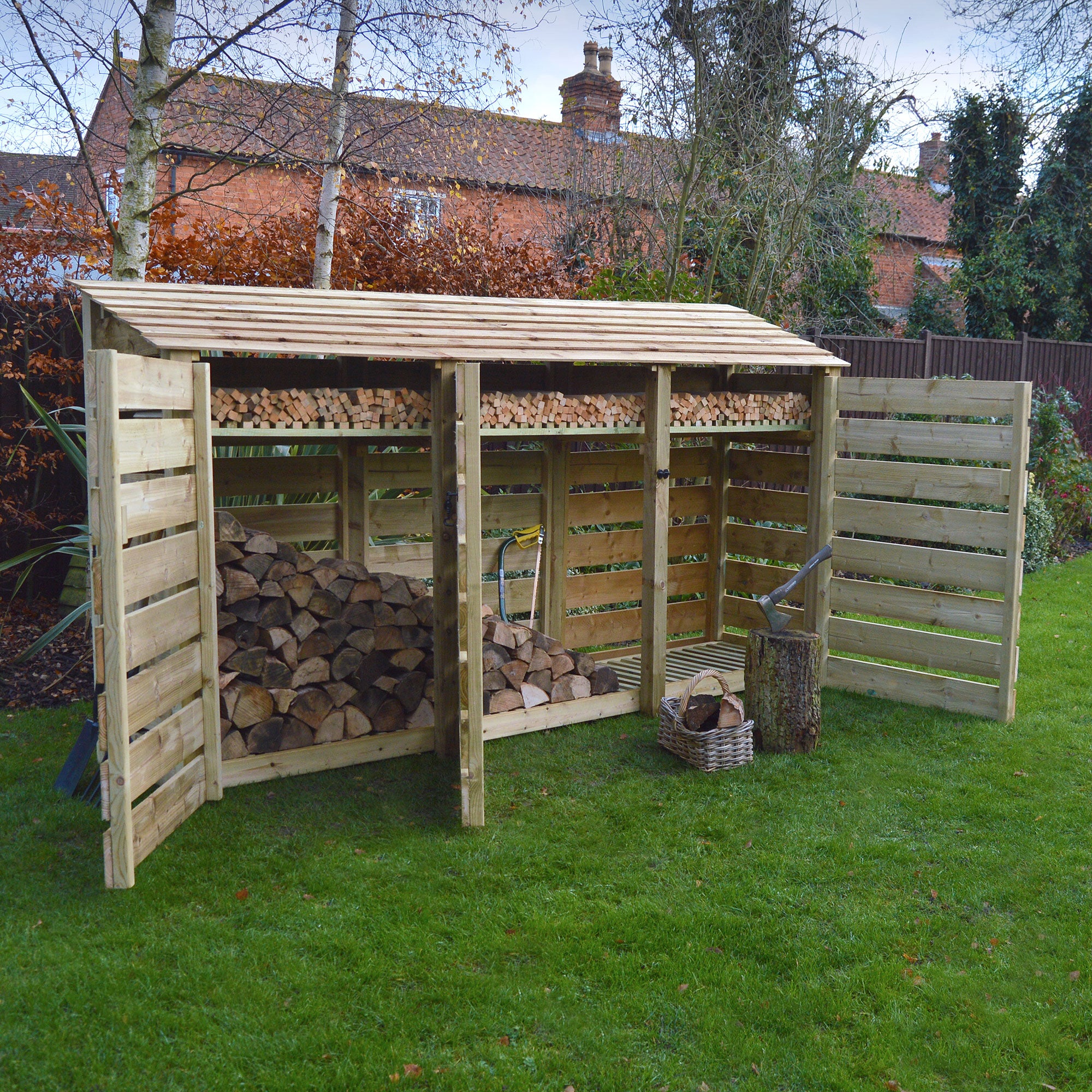 Ryhall Log Store - Light Green - Slatted Panels - 9ft Wide x 6ft Tall