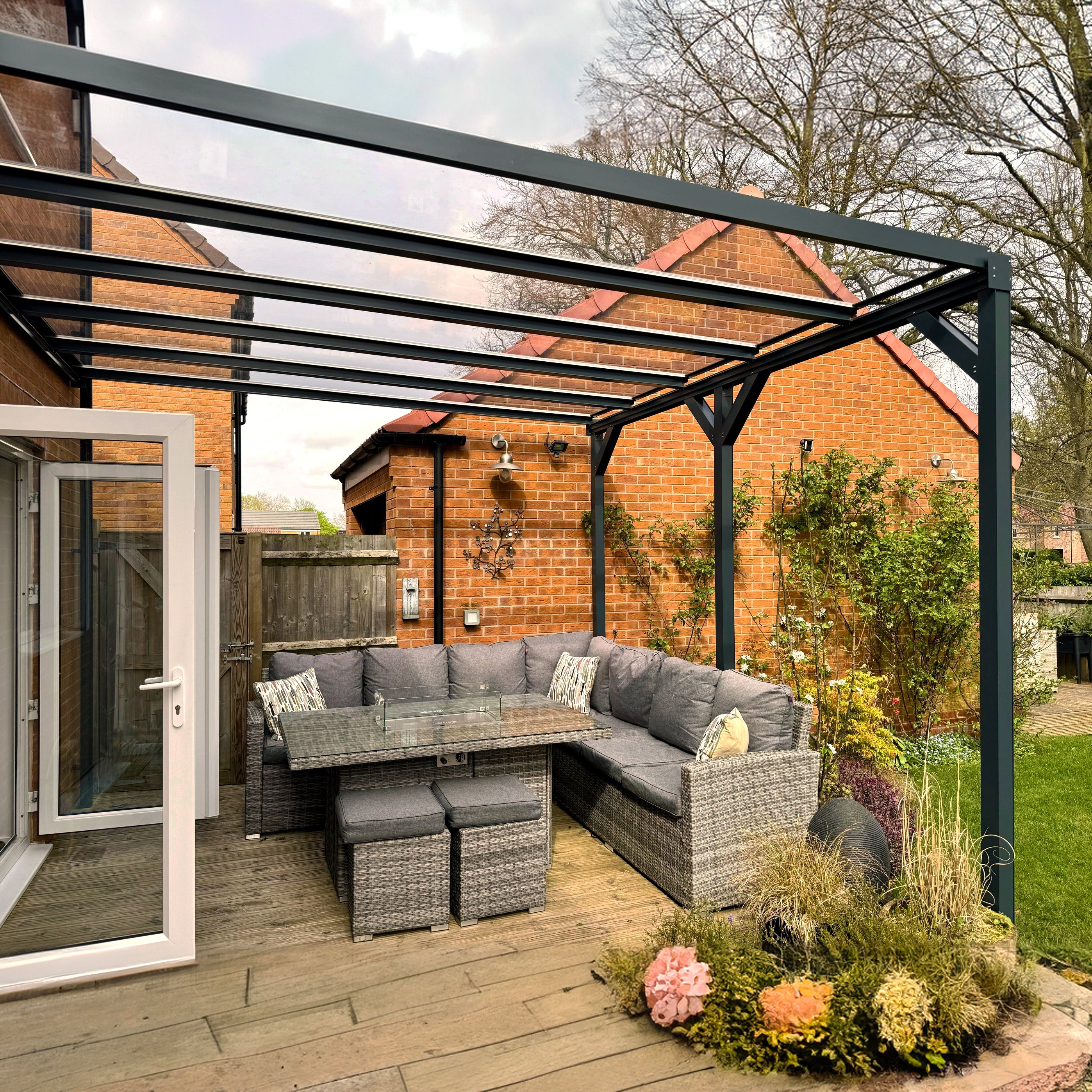 Wall Mounted Aluminium Pergola - Grey - 3.5m Depth x 5.6m Length