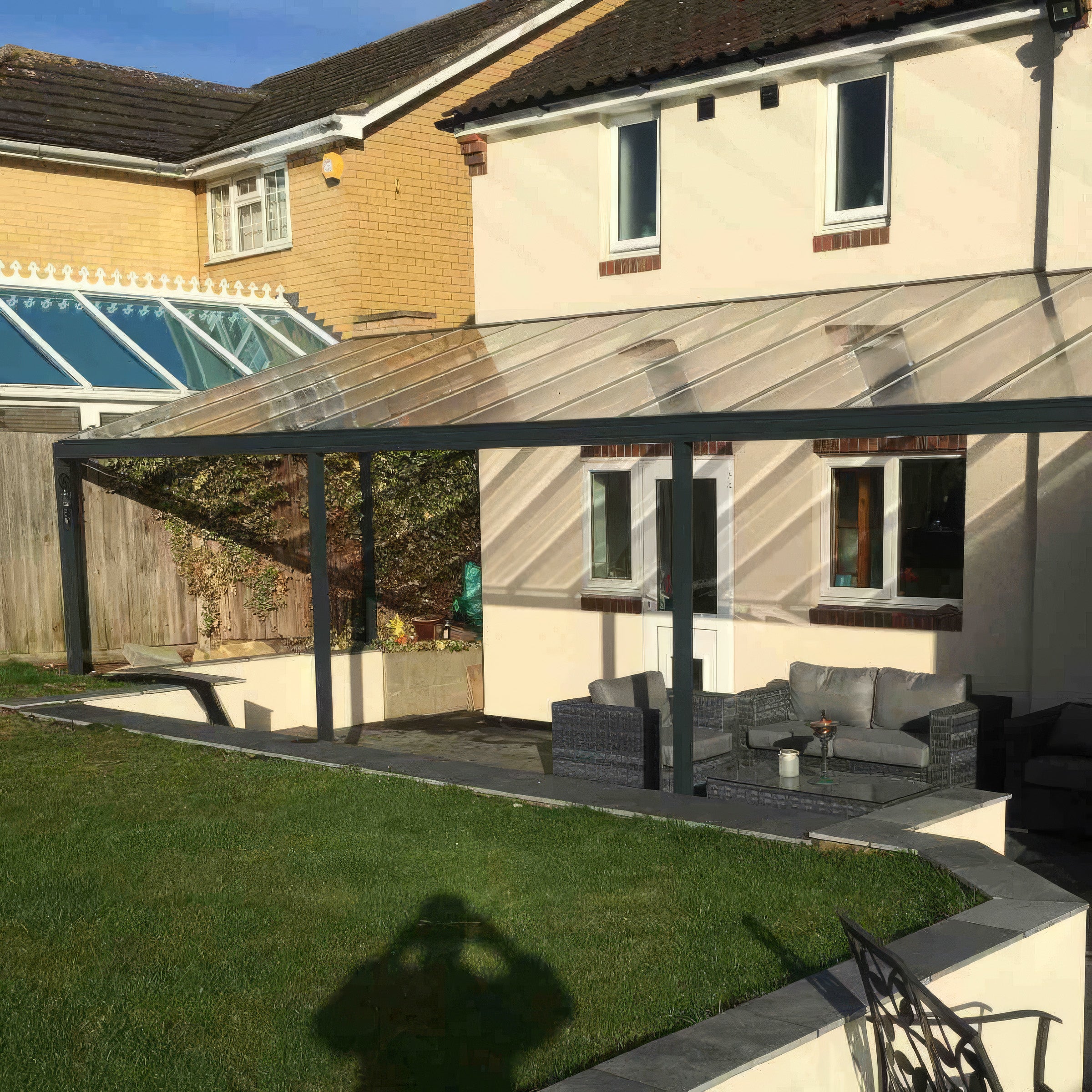 Wall Mounted Aluminium Pergola - Grey - 3m Depth x 8.4m Length