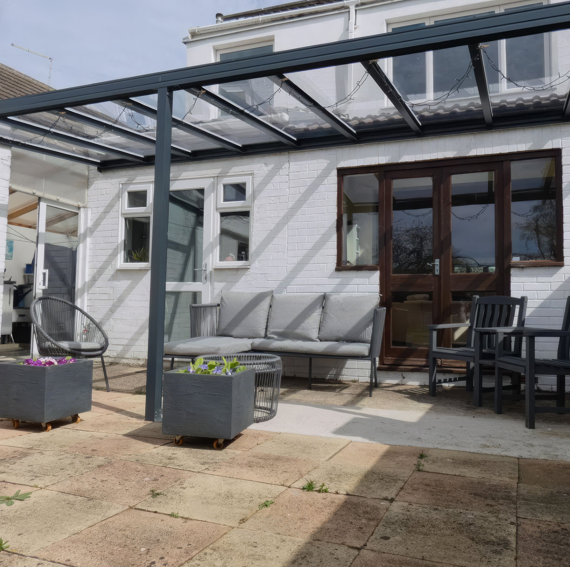 Wall Mounted Aluminium Pergola - Grey - 3m Depth x 8.4m Length