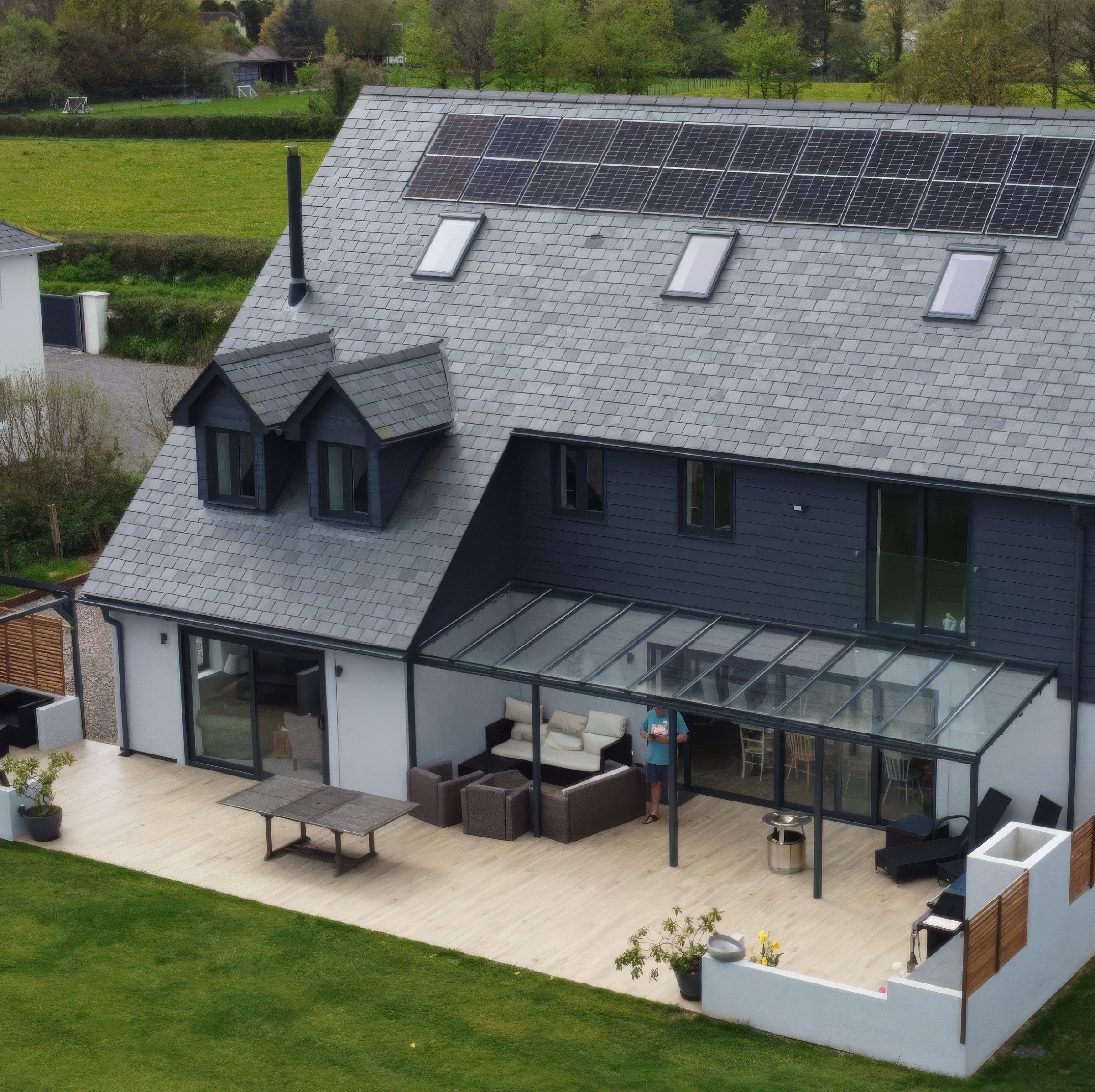 Wall Mounted Aluminium Pergola - Grey - 3.5m Depth x 10.5m Length