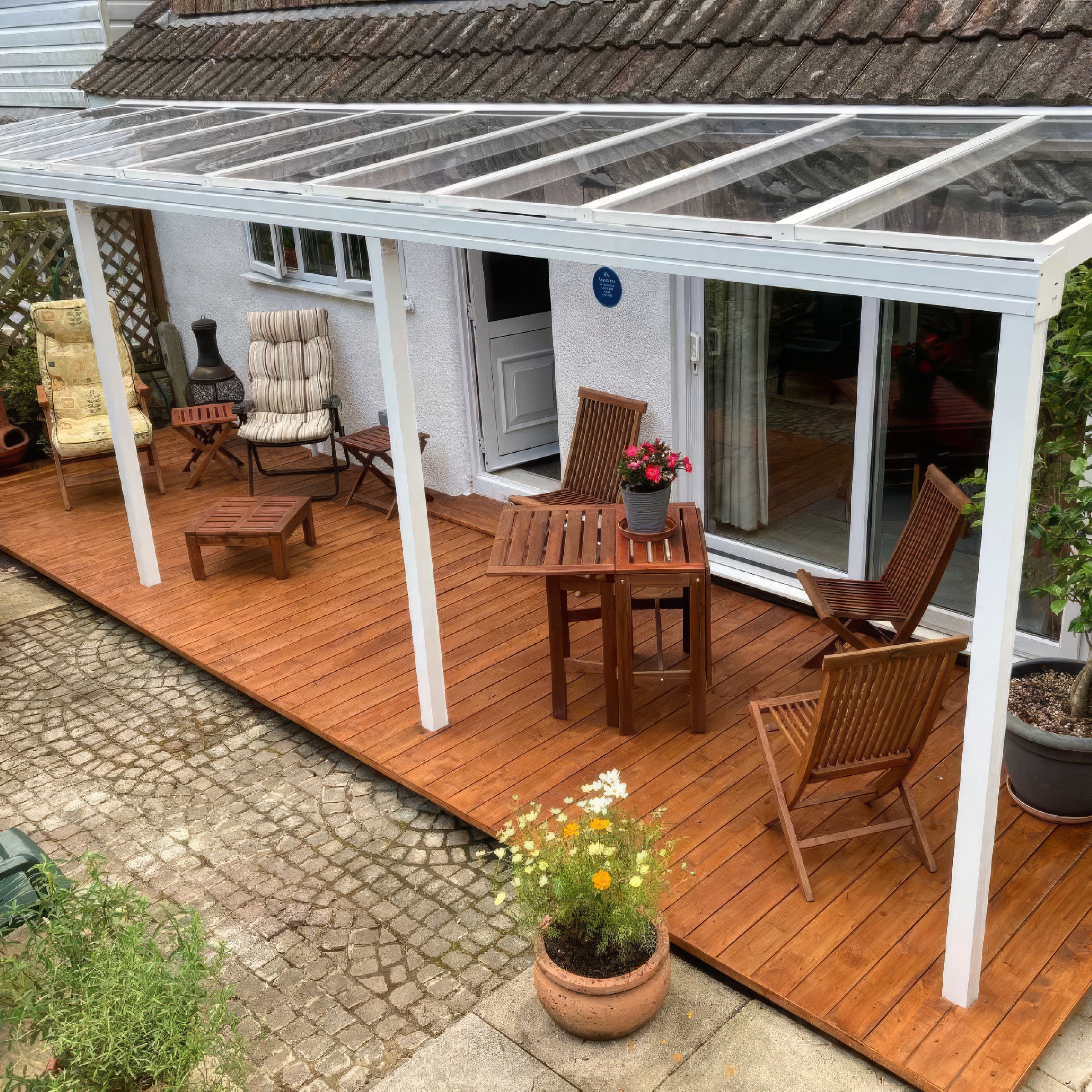 Wall Mounted Aluminium Pergola - White - 3m Depth x 7.7m Length