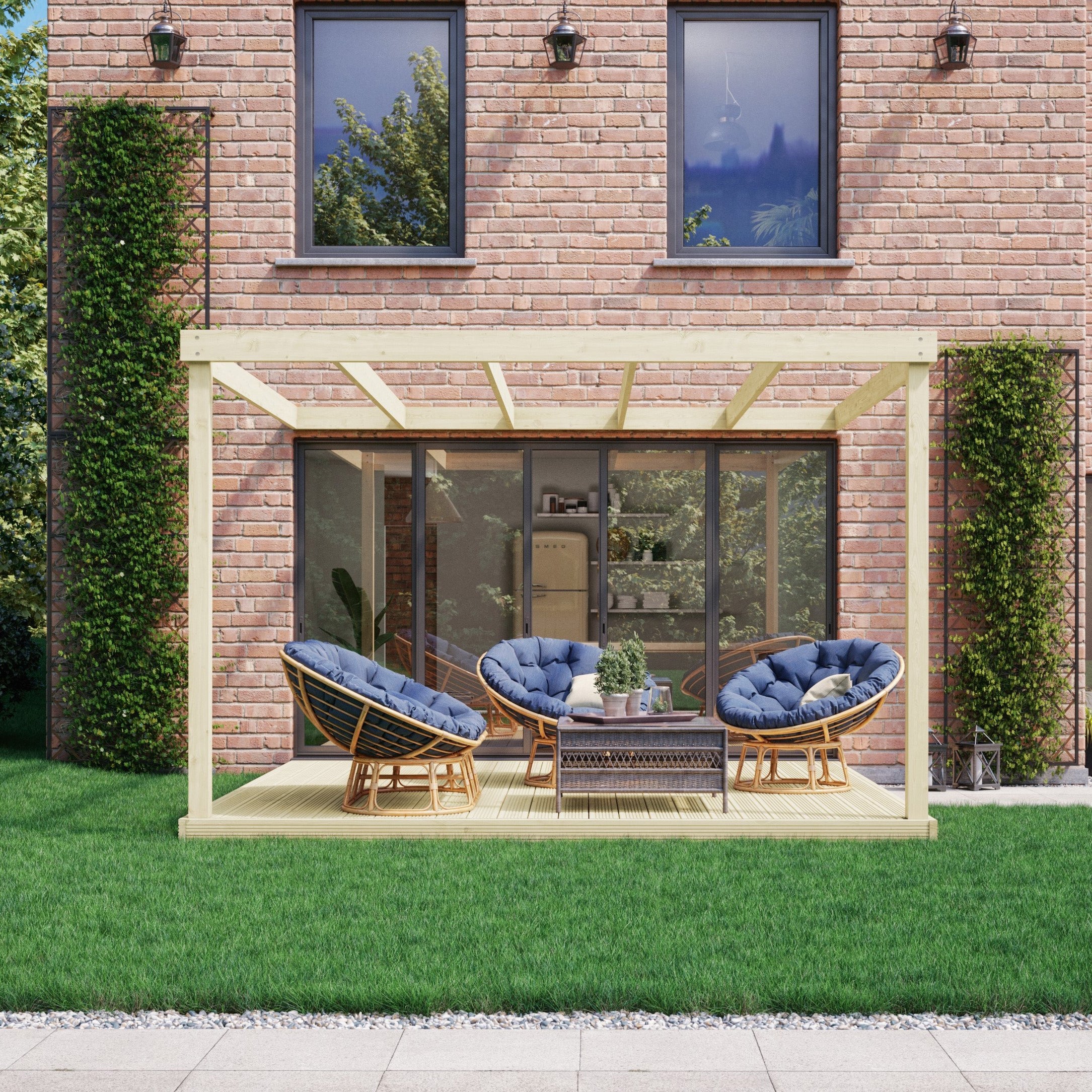 Wall Mounted Box Pergola with Decking - Light Green - 3m Depth x 3m Length