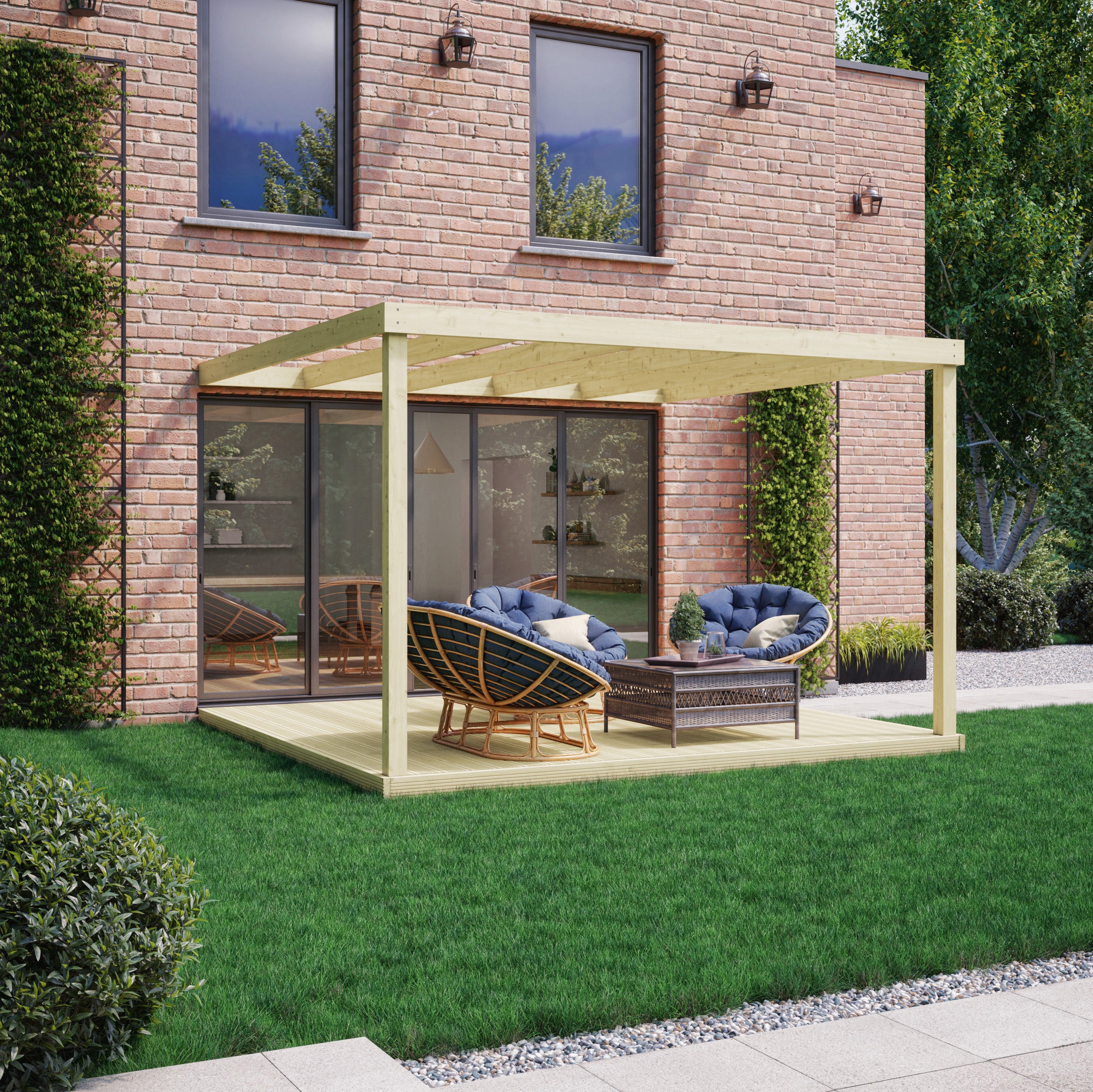 Wall Mounted Box Pergola with Decking - Light Green - 2.4m Depth x 2.4m Length