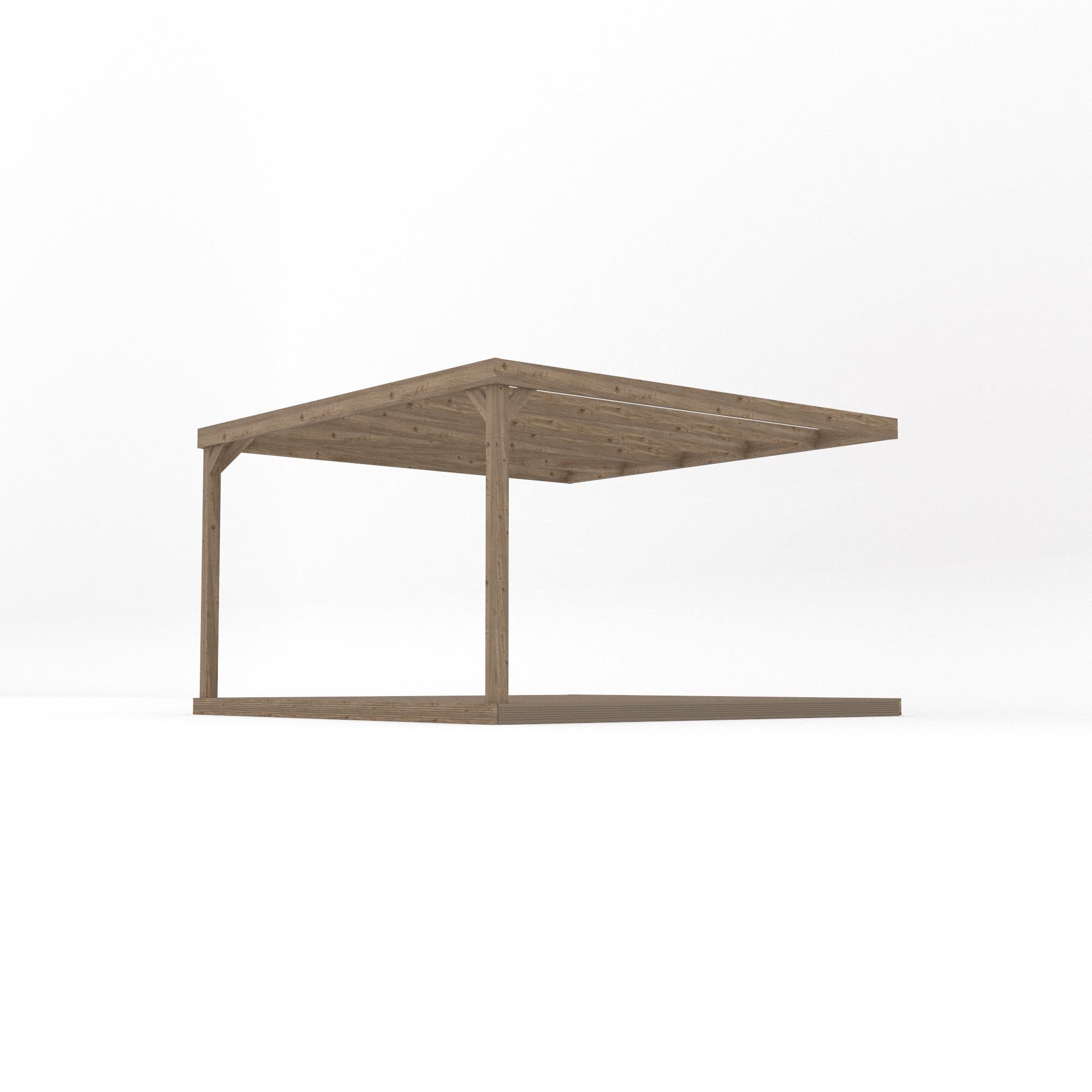 Wall Mounted Box Pergola with Decking - Rustic Brown - 3.6m Depth x 3.6m Length