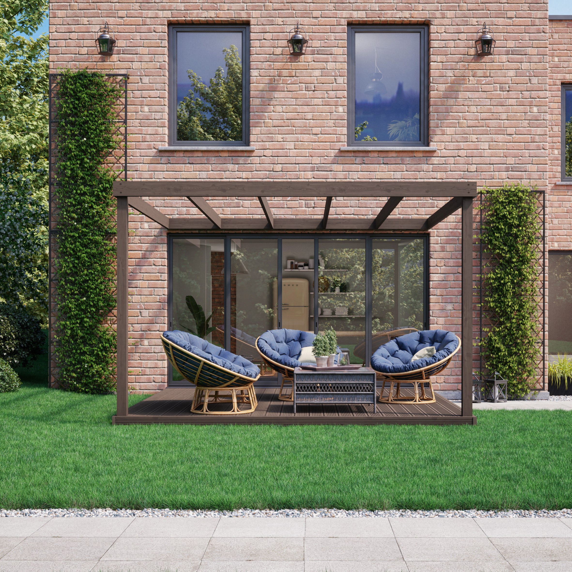 Wall Mounted Box Pergola with Decking - Rustic Brown - 2.4m Depth x 2.4m Length