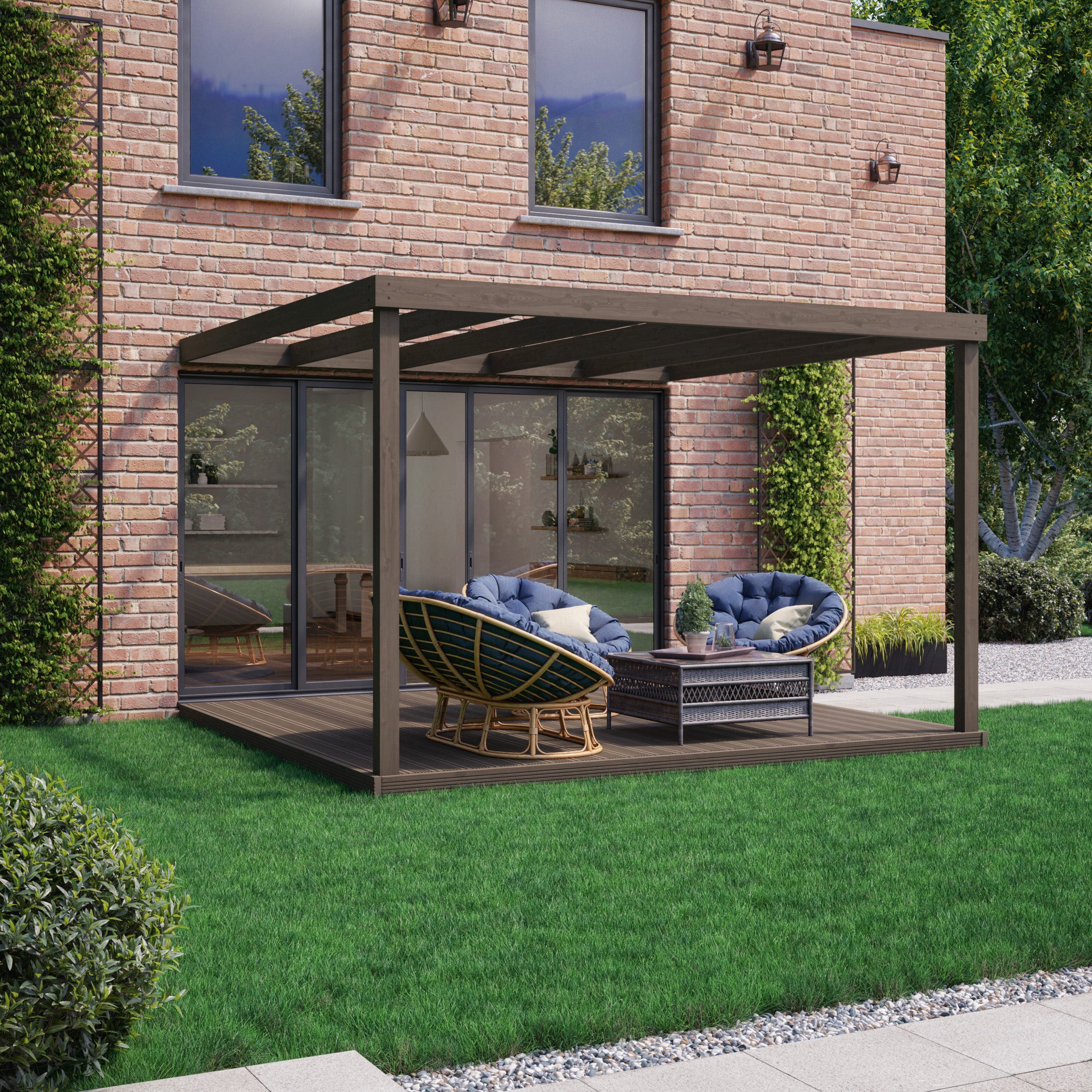 Wall Mounted Box Pergola with Decking - Rustic Brown - 2.4m Depth x 2.4m Length