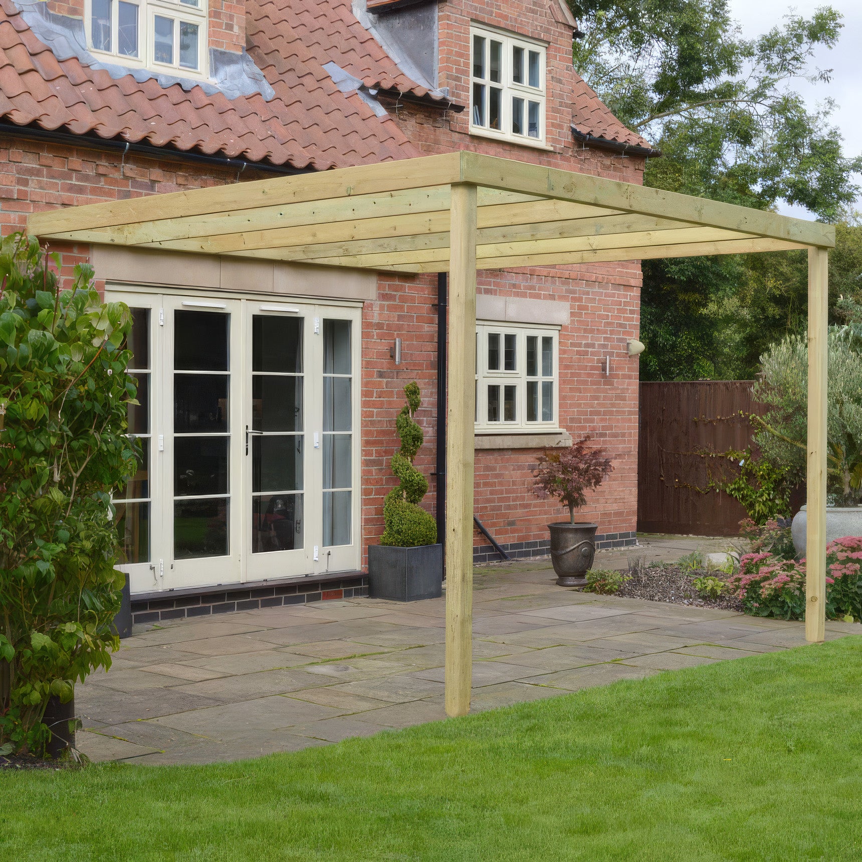 Wall Mounted Box Pergola - Light Green - 3.6m Depth x 3.6m Length - Clearance Grade