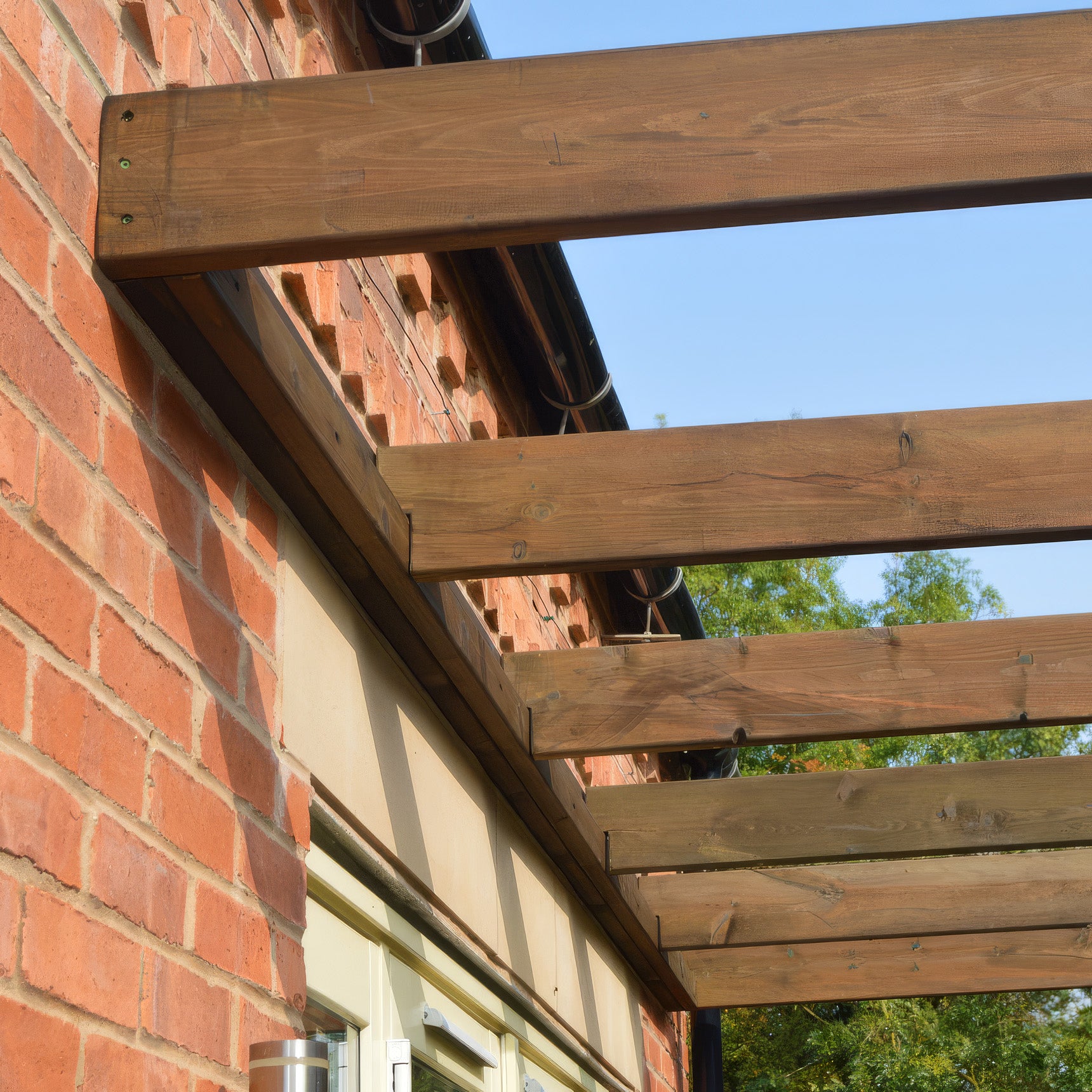 Wall Mounted Box Pergola - Rustic Brown - 4.2m Depth x 4.2m Length - Clearance Grade